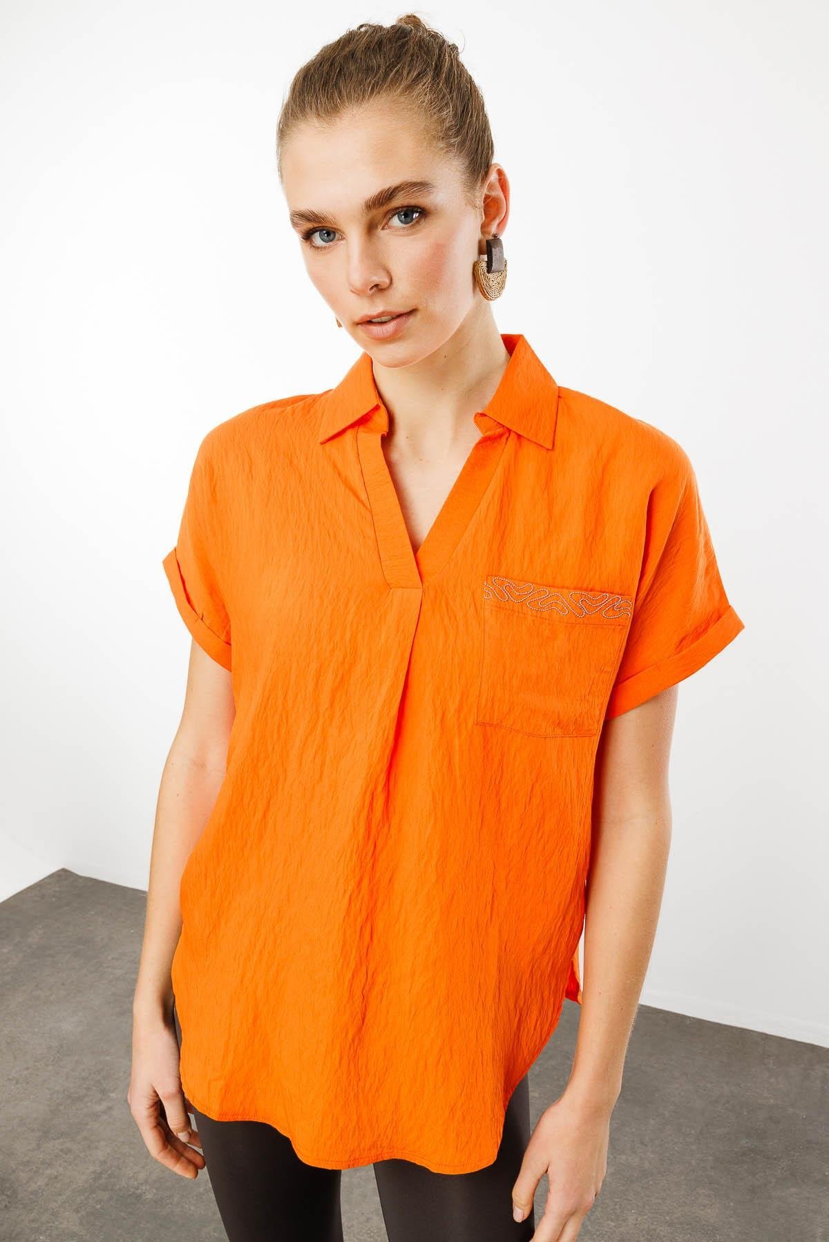 25843Kadın Polo Yaka Düşük Kol Gömlek Oranj