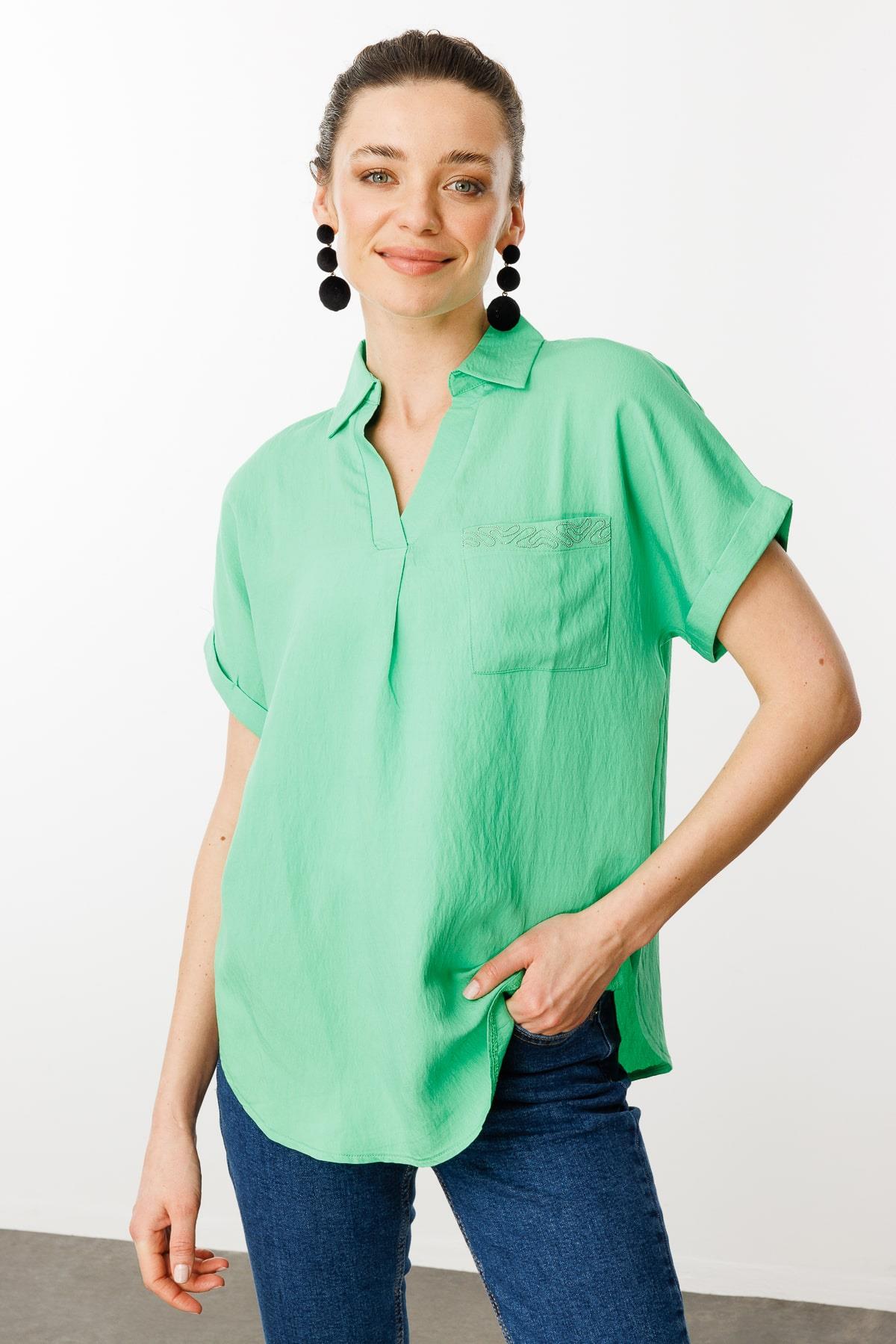 25843Kadın Polo Yaka Düşük Kol Gömlek Yeşil