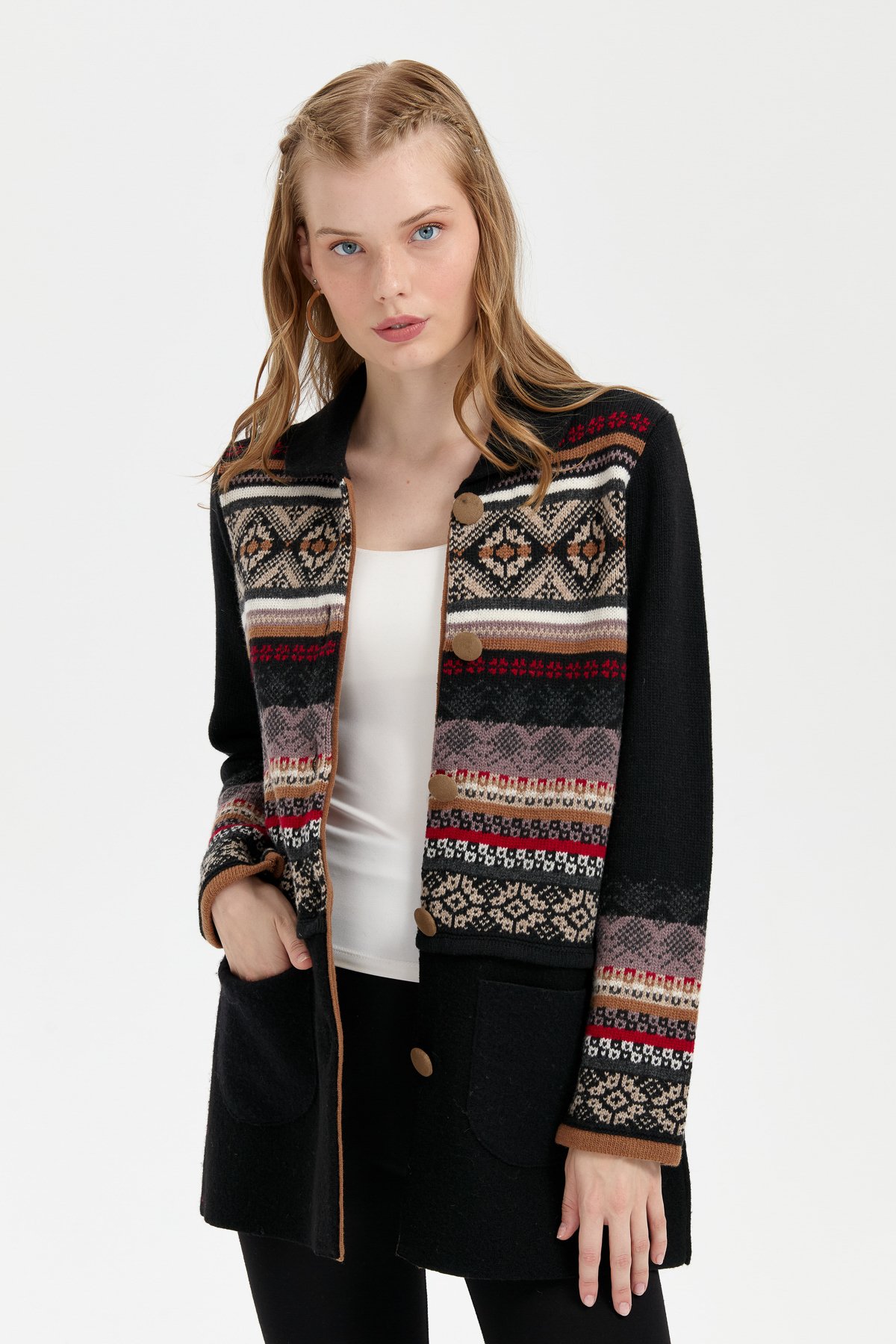 24078Kadın Polo Yaka Eteği Keçeli Araboy Yün Kaban Siyah