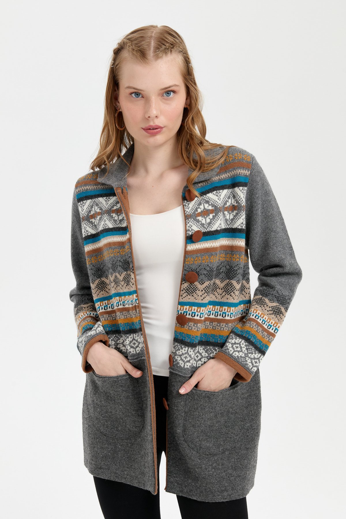 24078Kadın Polo Yaka Eteği Keçeli Araboy Yün Kaban Füme