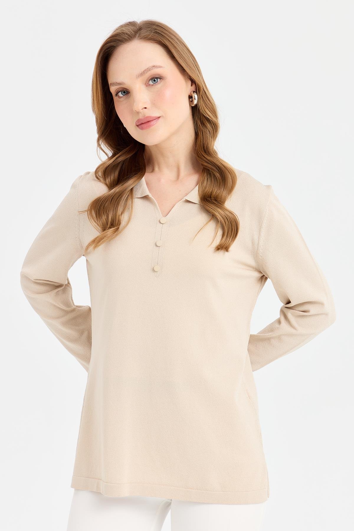 24355Kadın Polo Yaka İnce Triko Bluz Bej