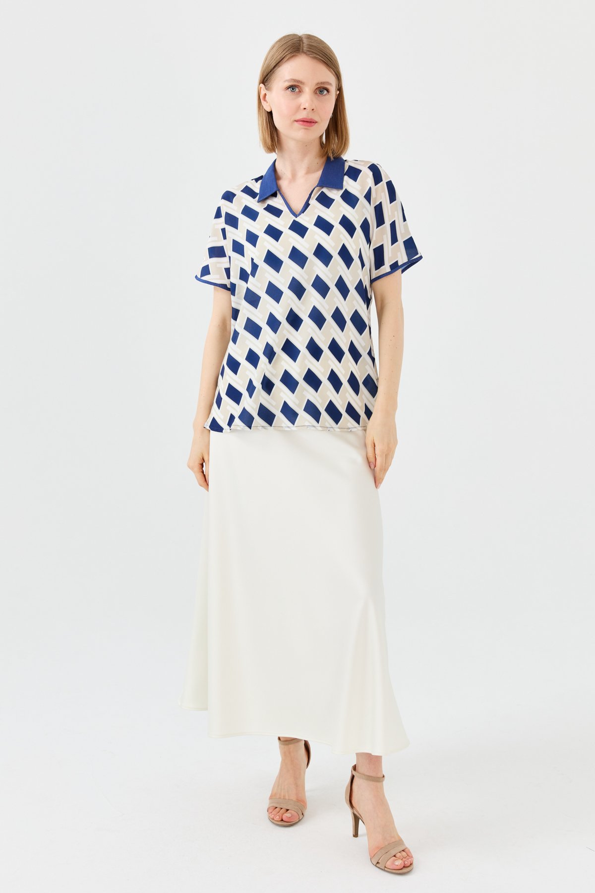 23458Kadın Polo Yaka Kare Desenli Penye T-shirt Lacivert