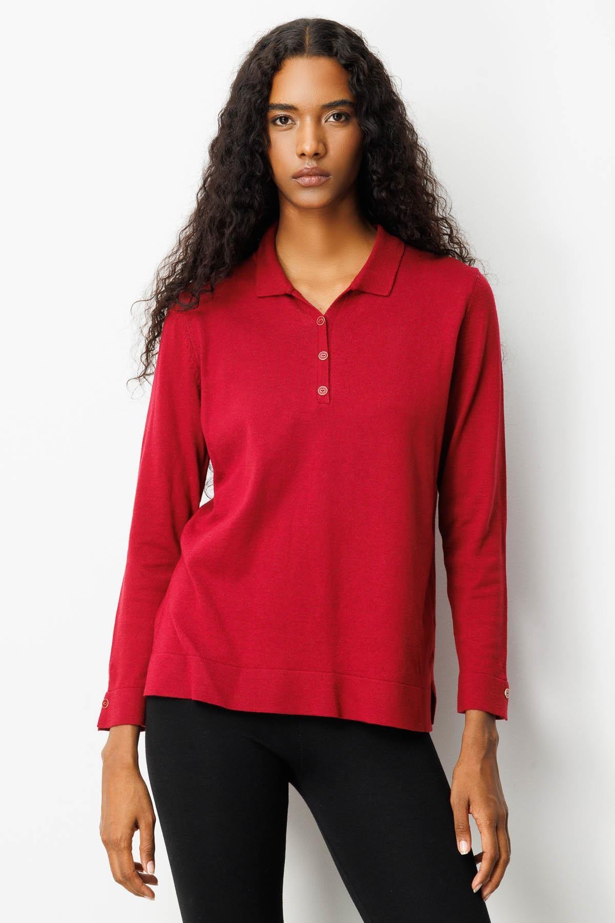 25391Kadın Polo Yaka Yakası ve Kolu Düğmeli Bluz Vişne