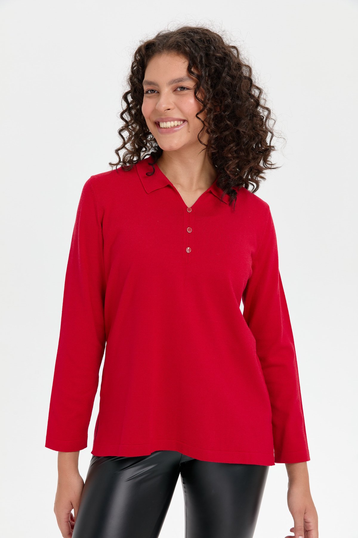 24356Kadın Polo Yaka Yanı Yırtmaçlı Kazak K.Kırmızı