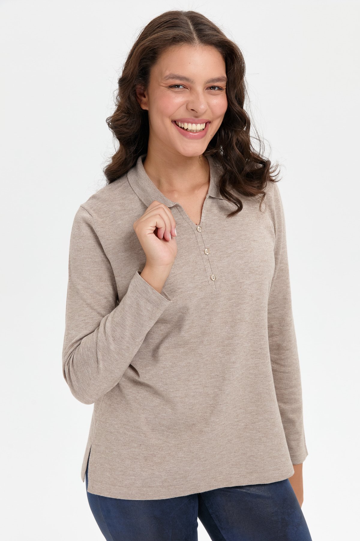 24356Kadın Polo Yaka Yanı Yırtmaçlı Kazak Vizon