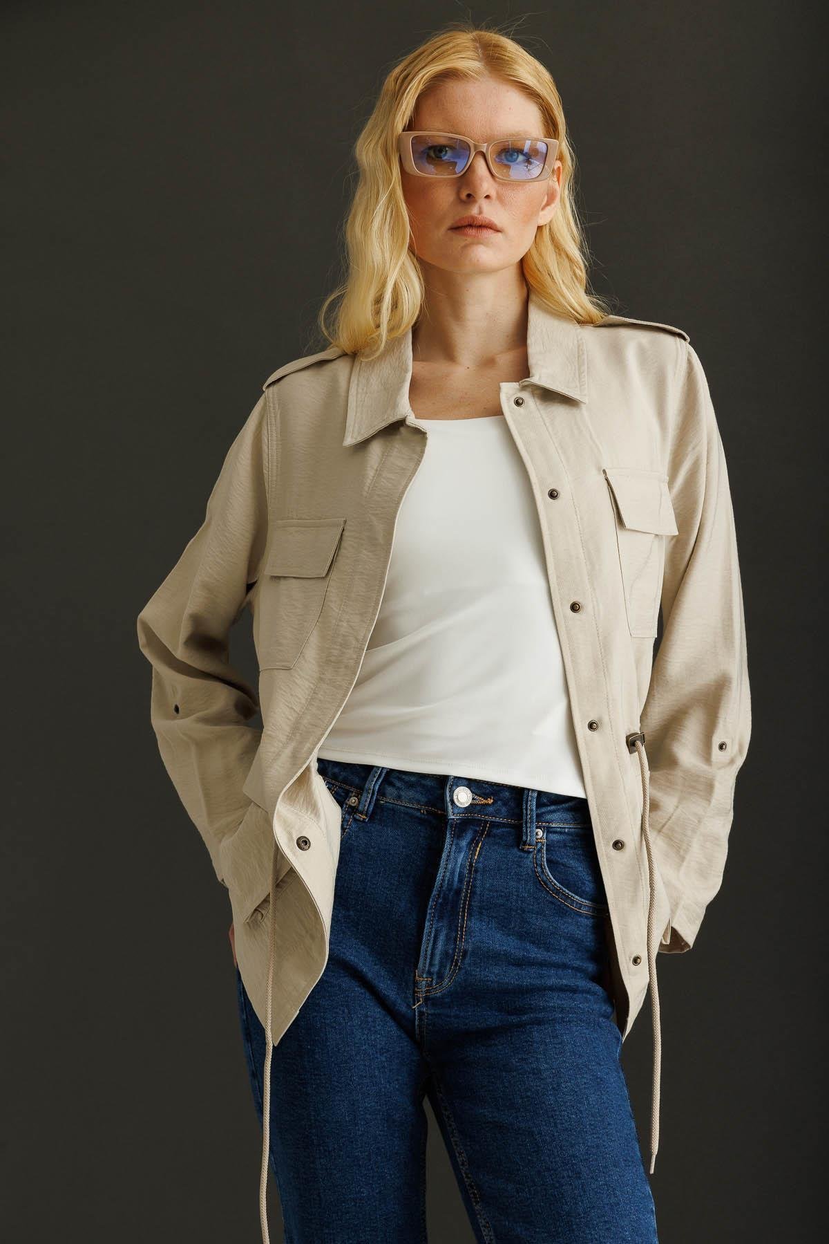 KMY24079Kadın Safari Model Keten Ceket Taş