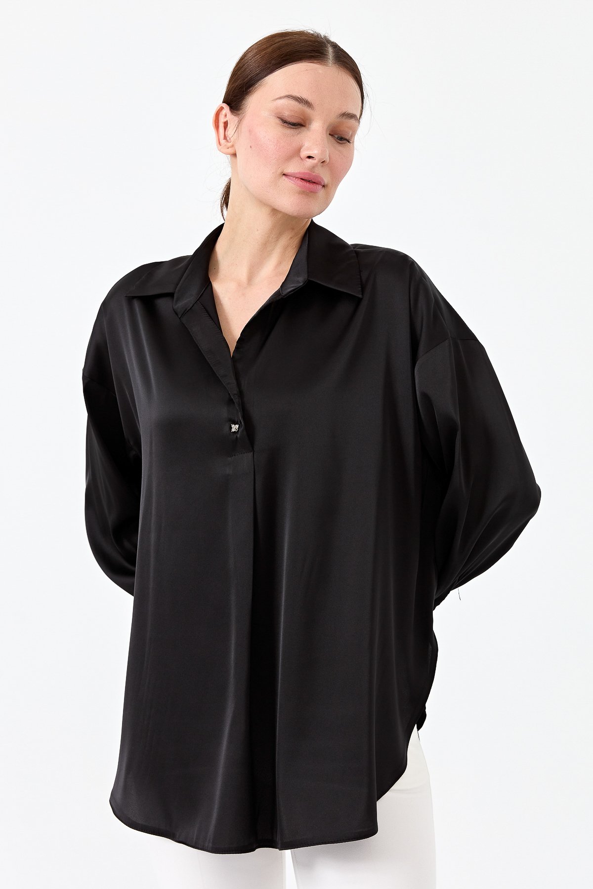 23710Kadın Saten Patlı Bluz Siyah