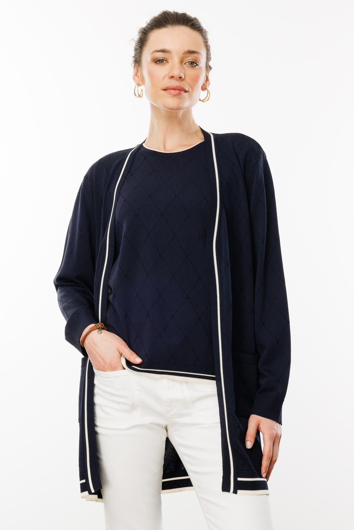 25357Kadın Sıfır Yaka Baklava Desenli Yazlık Hırka Lacivert