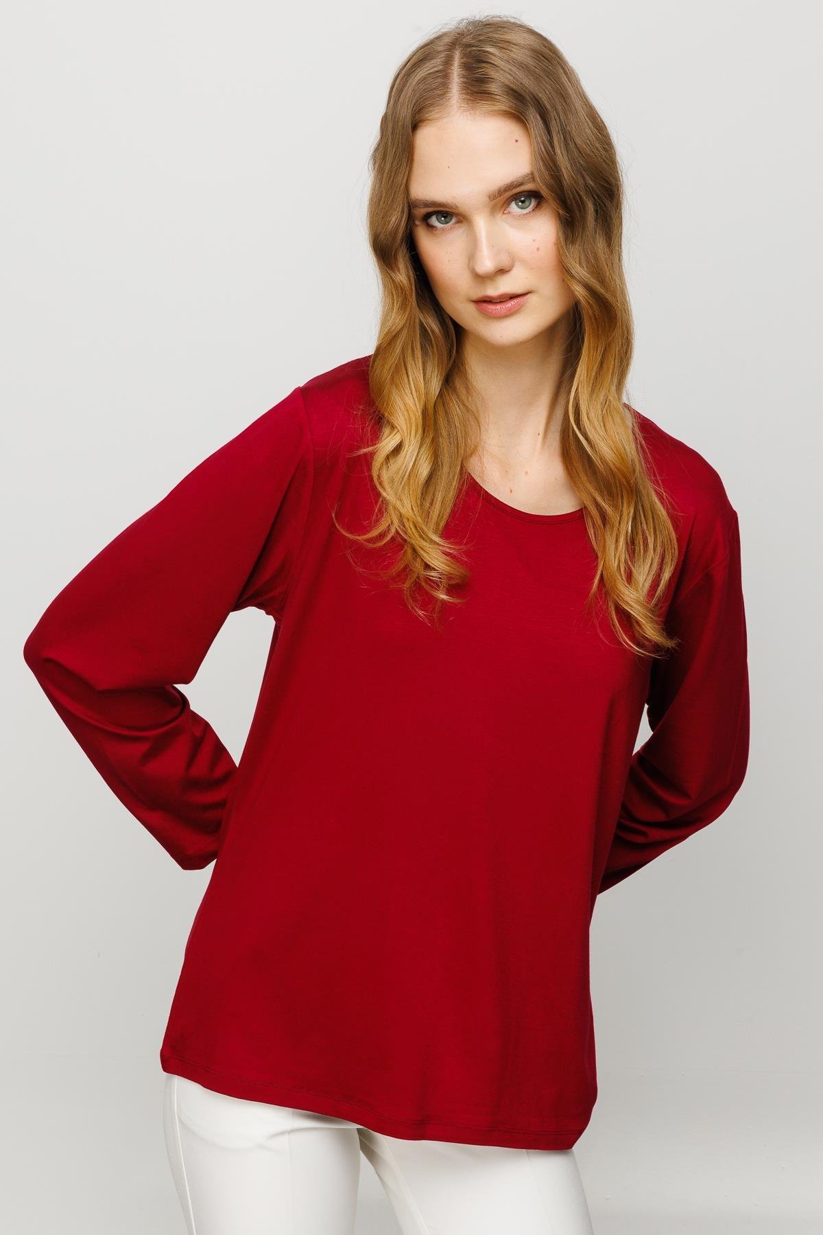 23787Kadın Sıfır Yaka Basic Penye Bluz Bordo