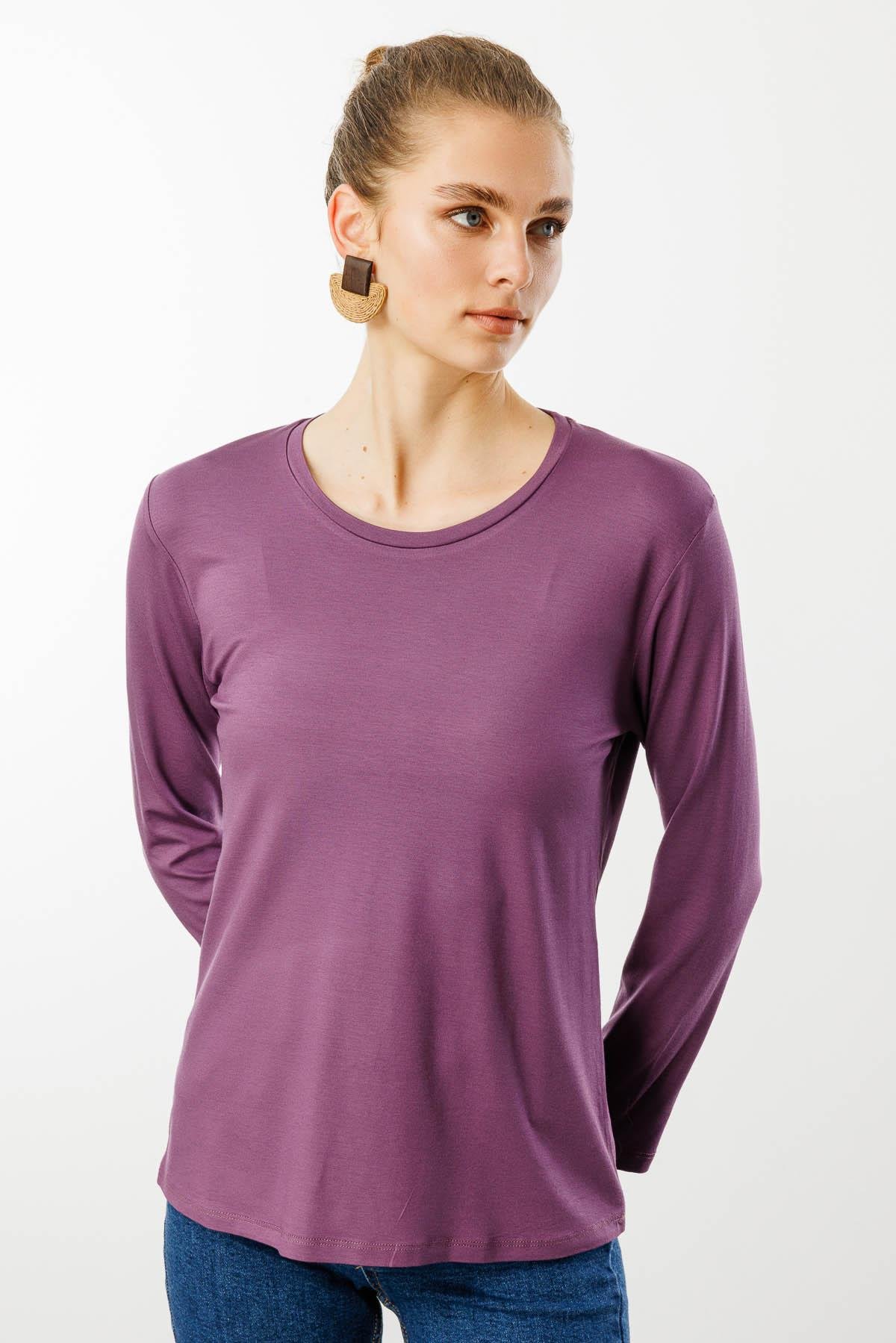 23787Kadın Sıfır Yaka Basic Penye Bluz Lila