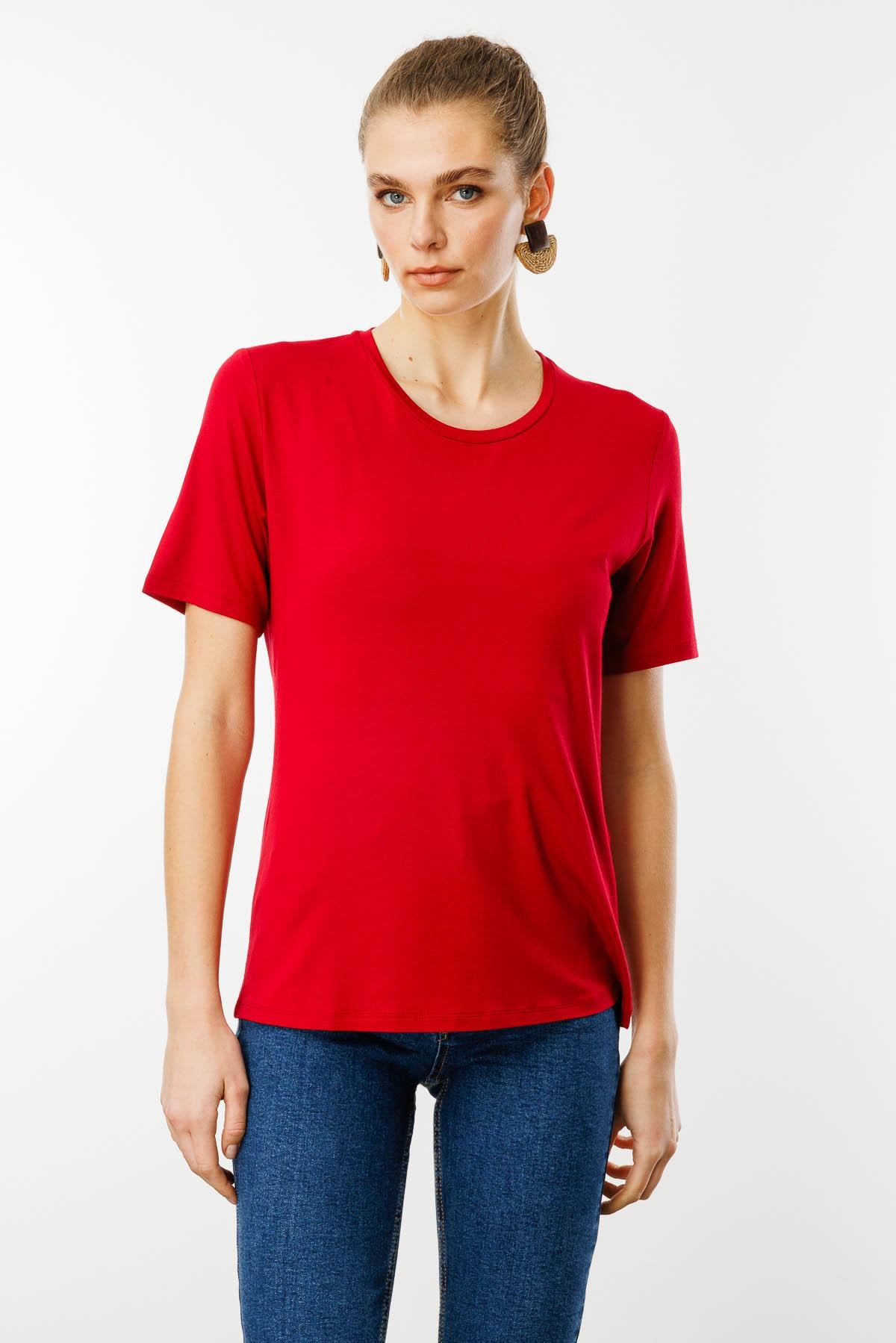 23786Kadın Sıfır Yaka Basic Penye T-shirt Kırmızı