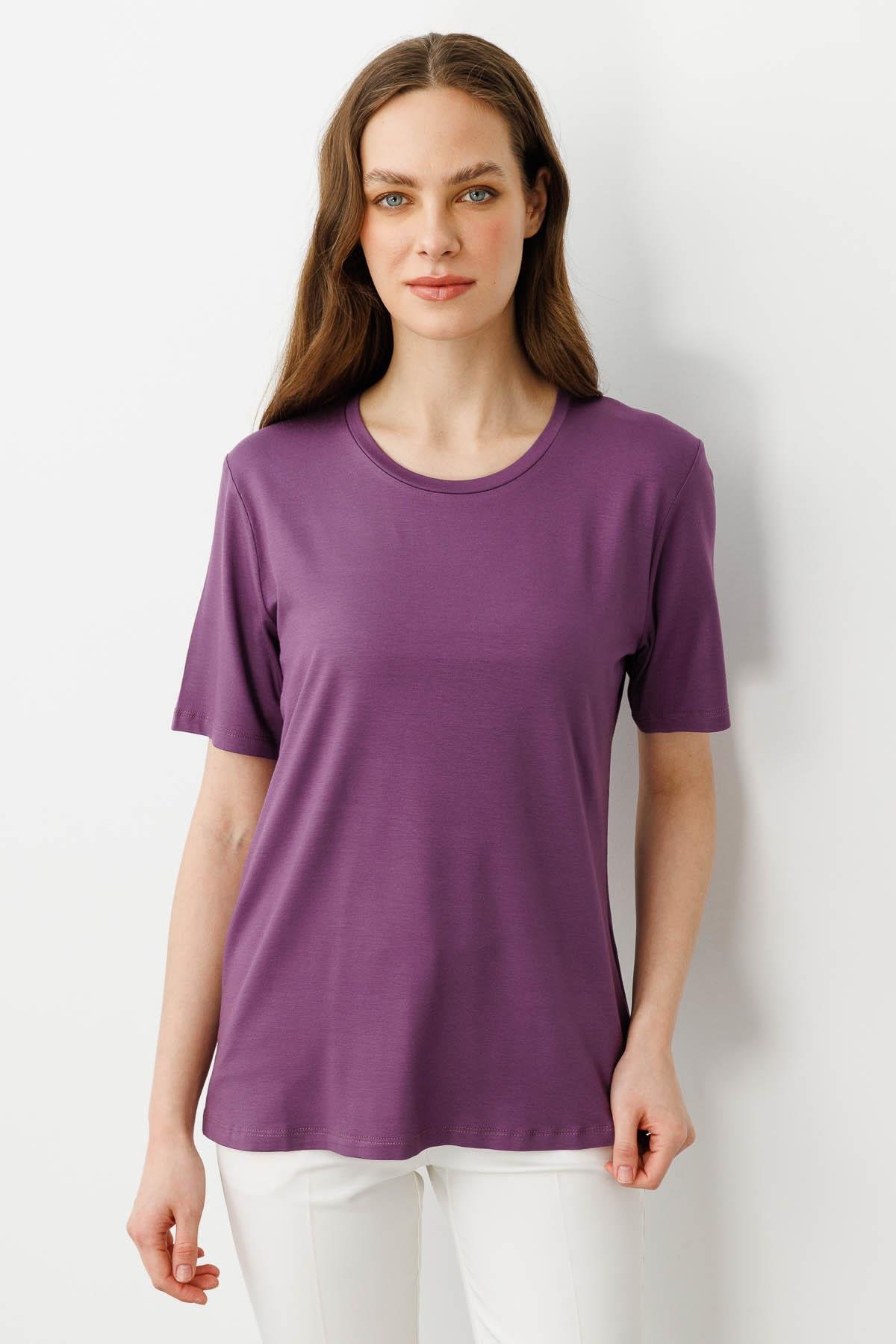 23786Kadın Sıfır Yaka Basic Penye T-shirt Lila