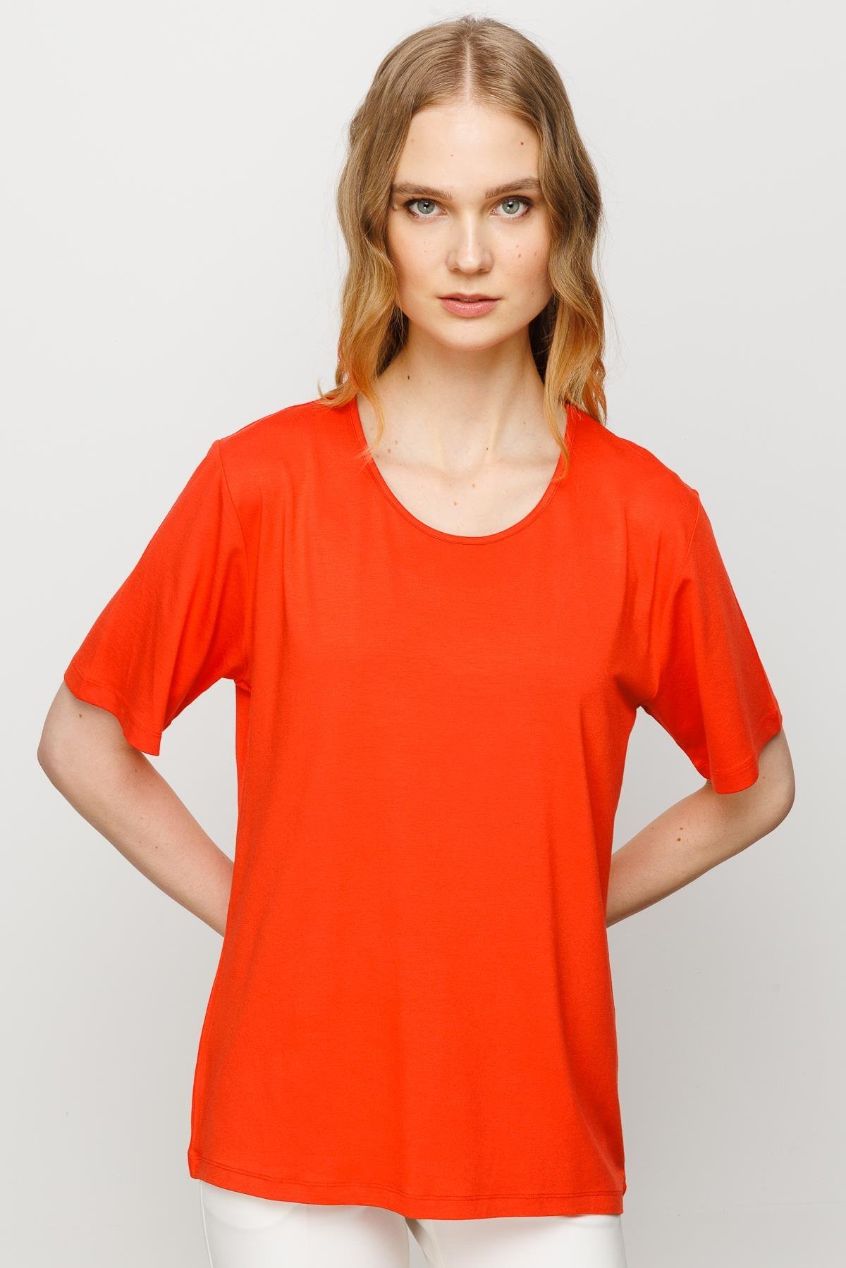 23786Kadın Sıfır Yaka Basic Penye T-shirt Oranj