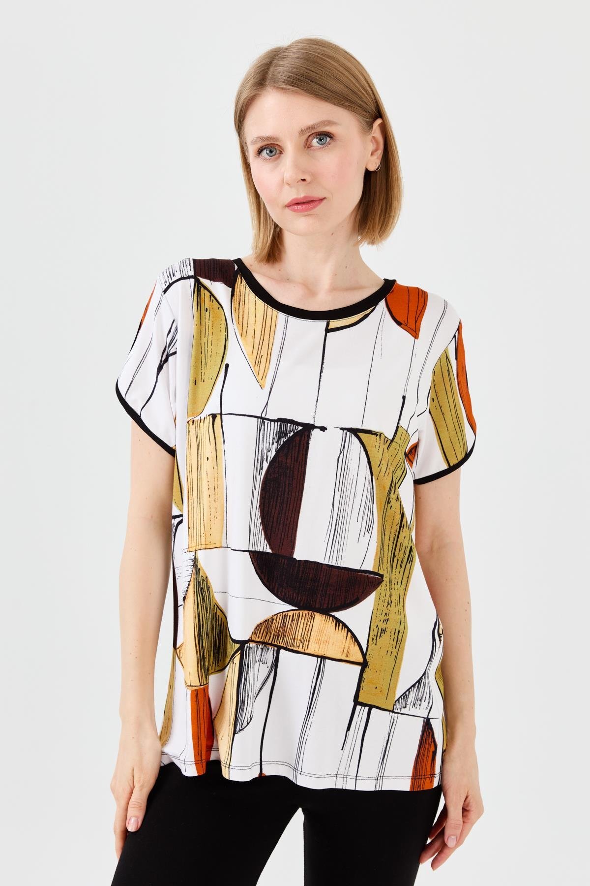 23730Kadın Sıfır Yaka Çizgili Düşük Kol Penye T-shirt Siyah