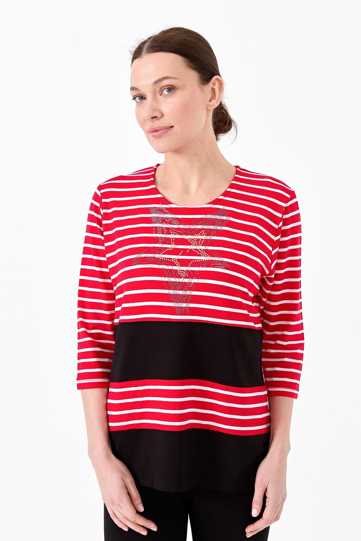 22770Kadın Sıfır Yaka Çizgili Önü Taşlı Penye Bluz Kırmızı