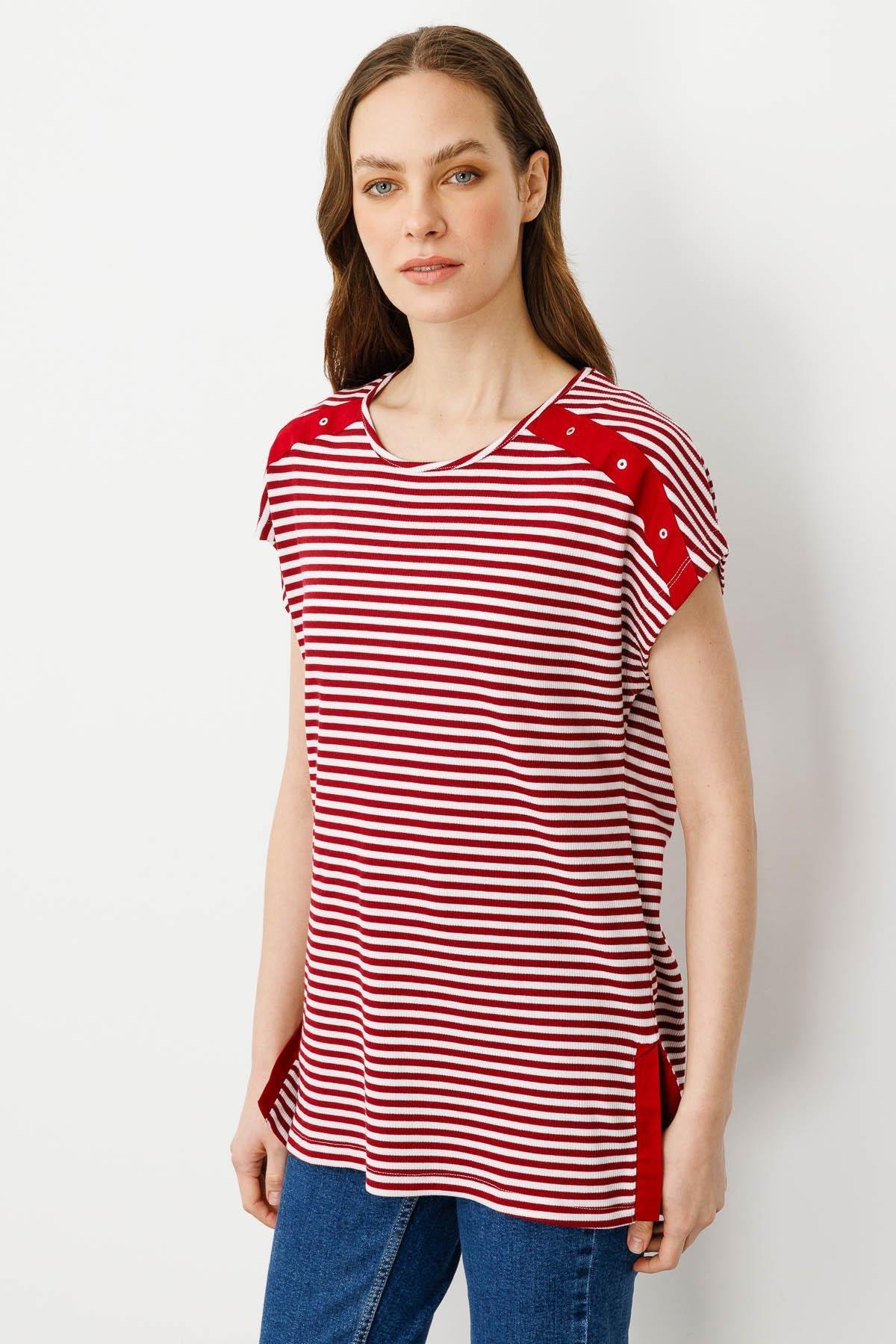 21742Kadın Sıfır Yaka Çizgili Penye T-shirt Kırmızı