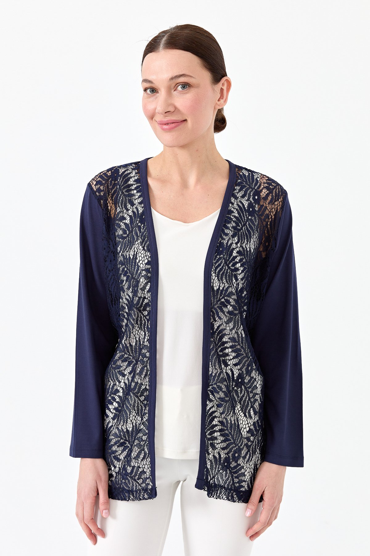 22768Kadın Sıfır Yaka Dantel Desenli Penye Ceket Lacivert
