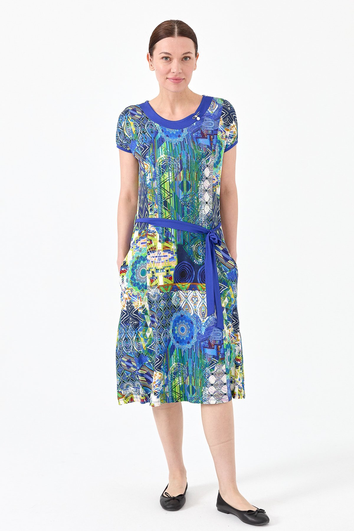 23714Kadın Sıfır Yaka Desenli Penye Elbise Saks