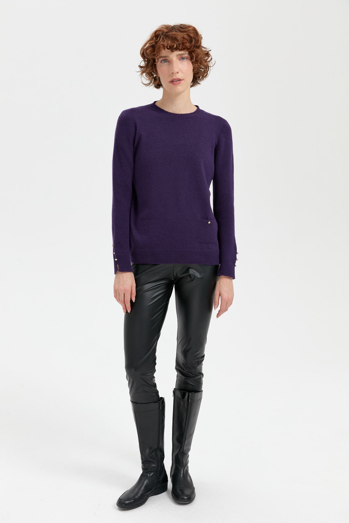 24205Kadın Sıfır Yaka Dikişsiz Cepli Yün Kazak K.Mor