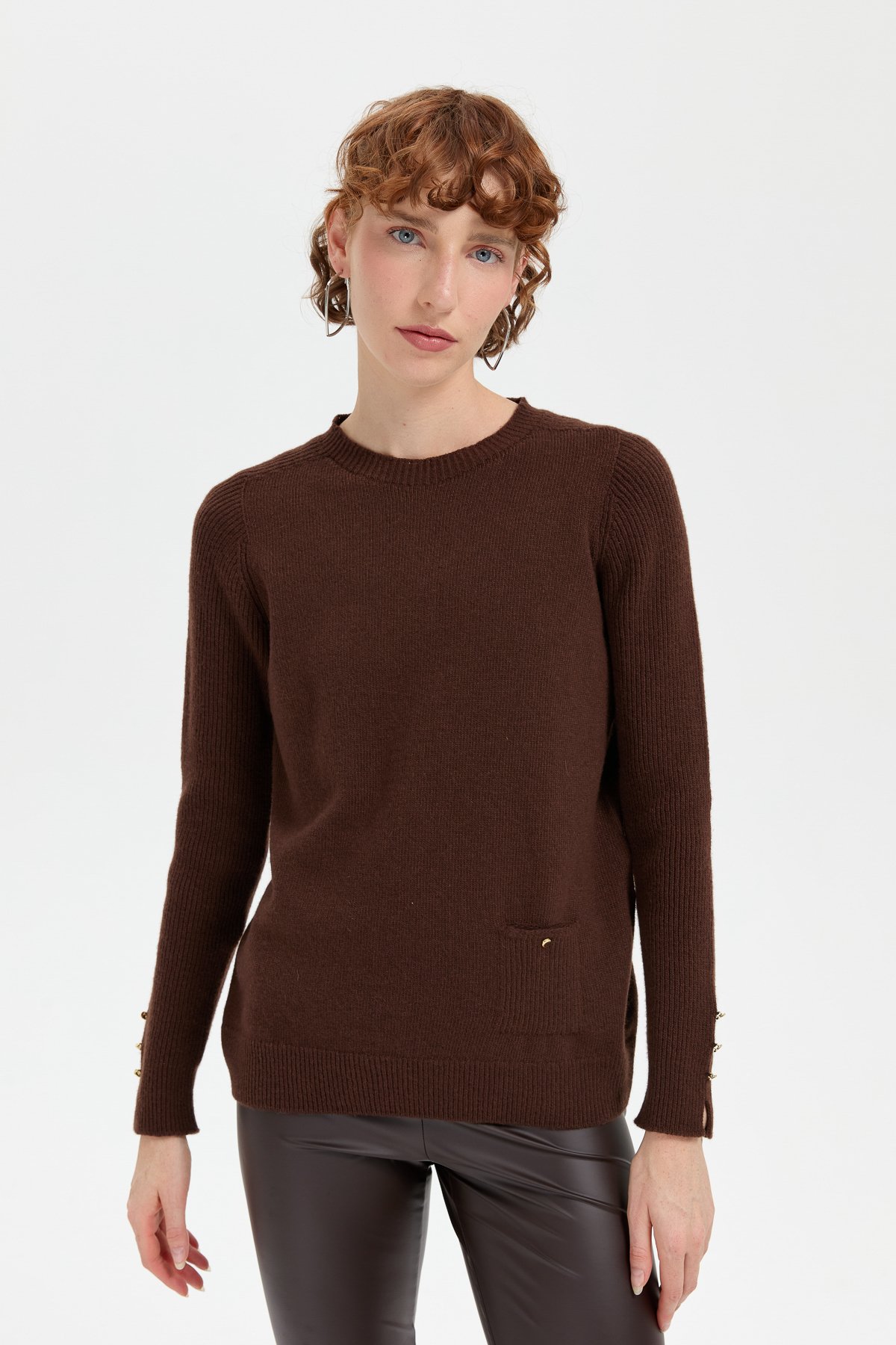 24205Kadın Sıfır Yaka Dikişsiz Cepli Yün Kazak M.Kahve