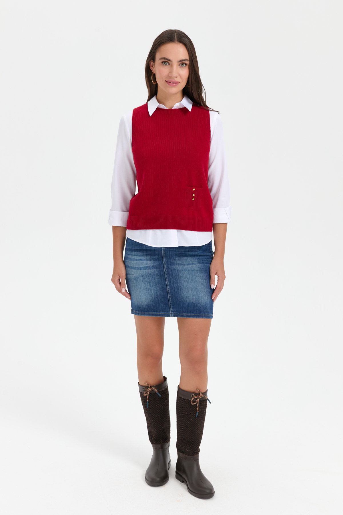 24204Kadın Sıfır Yaka Dikişsiz Cepli Yün Süveter K.Kırmızı