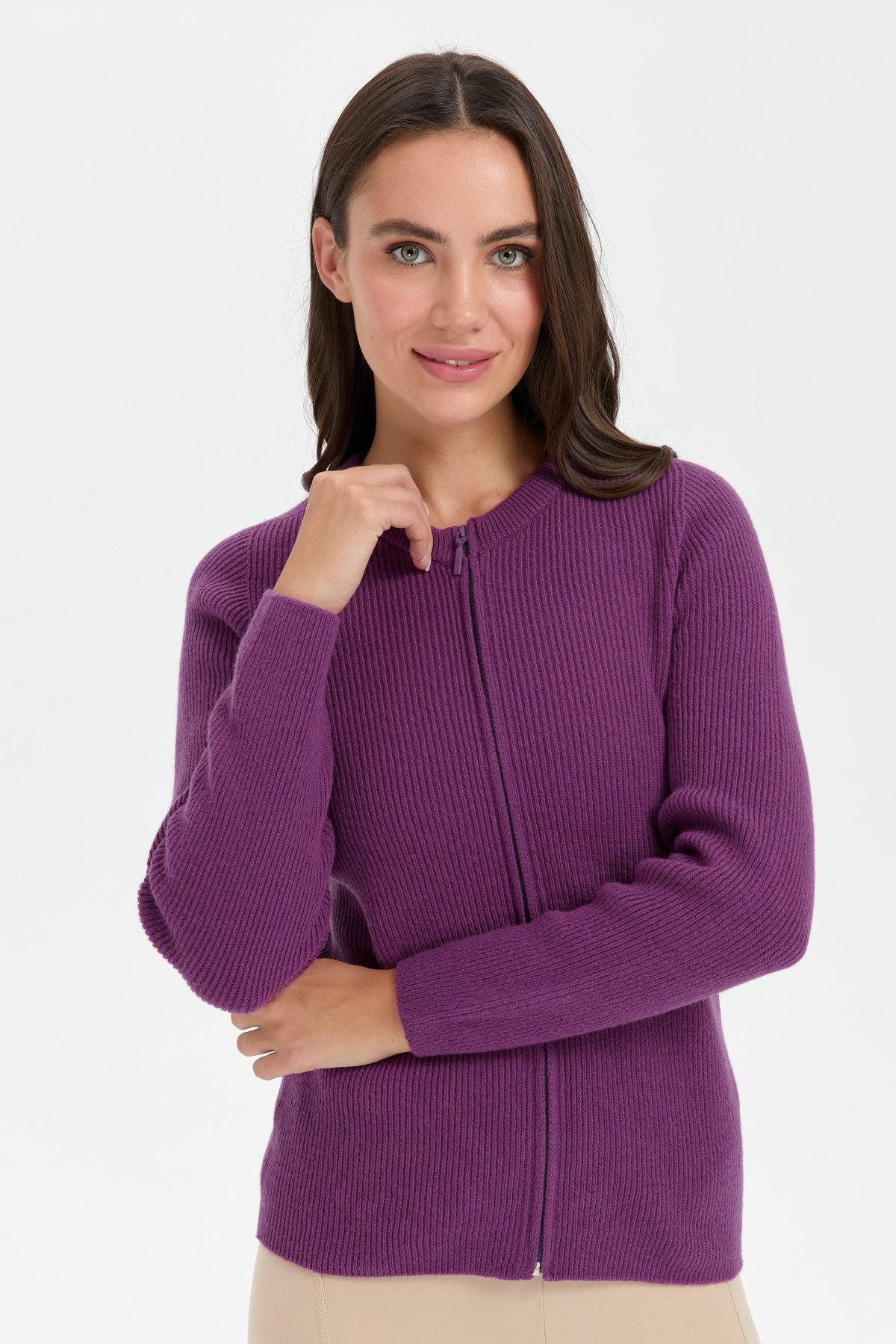 24219Kadın Sıfır Yaka Dikişsiz Fermuarlı Yün Hırka A.Mor