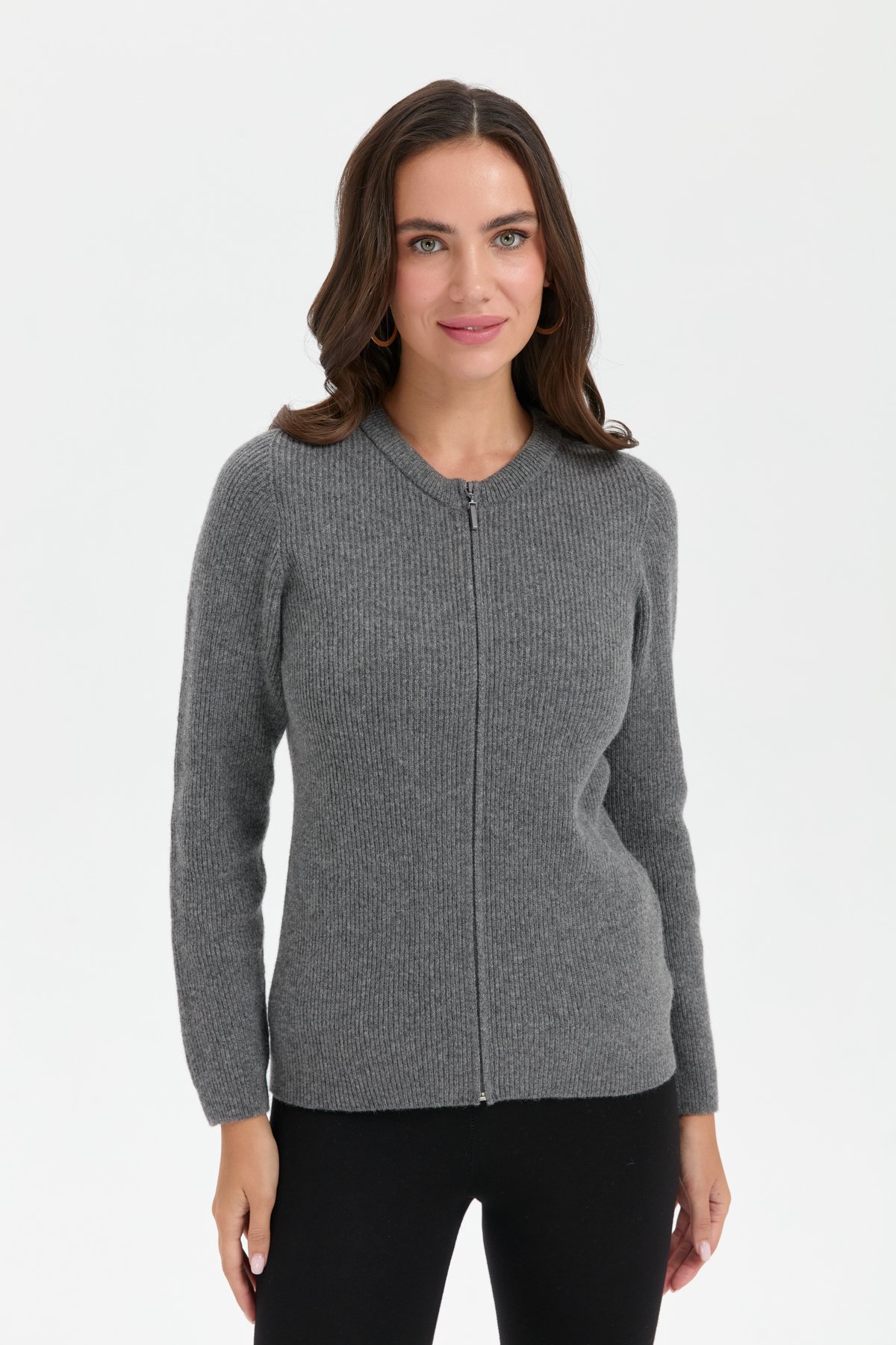 24219Kadın Sıfır Yaka Dikişsiz Fermuarlı Yün Hırka Füme