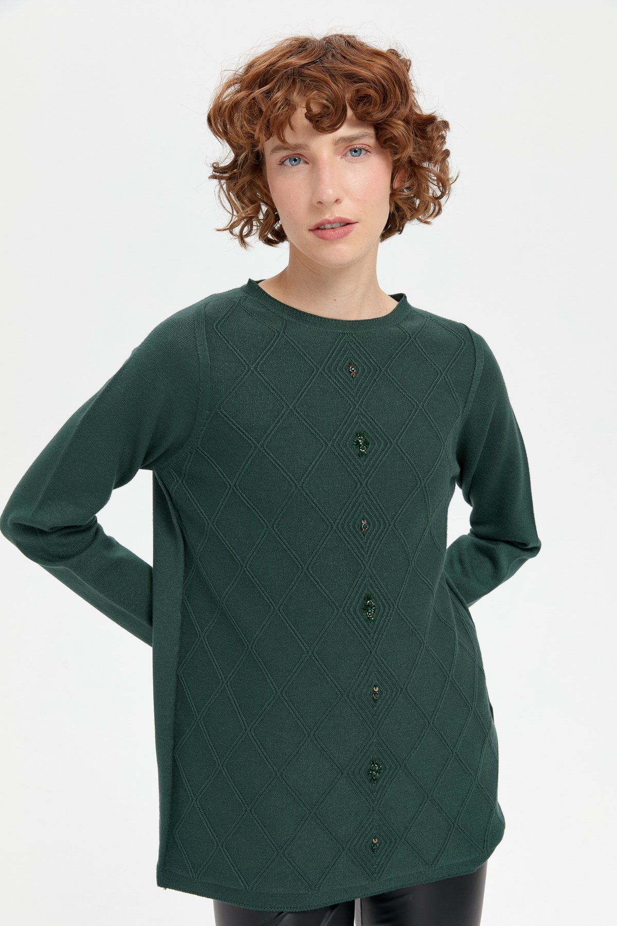 24175Kadın Sıfır Yaka Dikişsiz Önü Baklavalı Kazak Yeşil