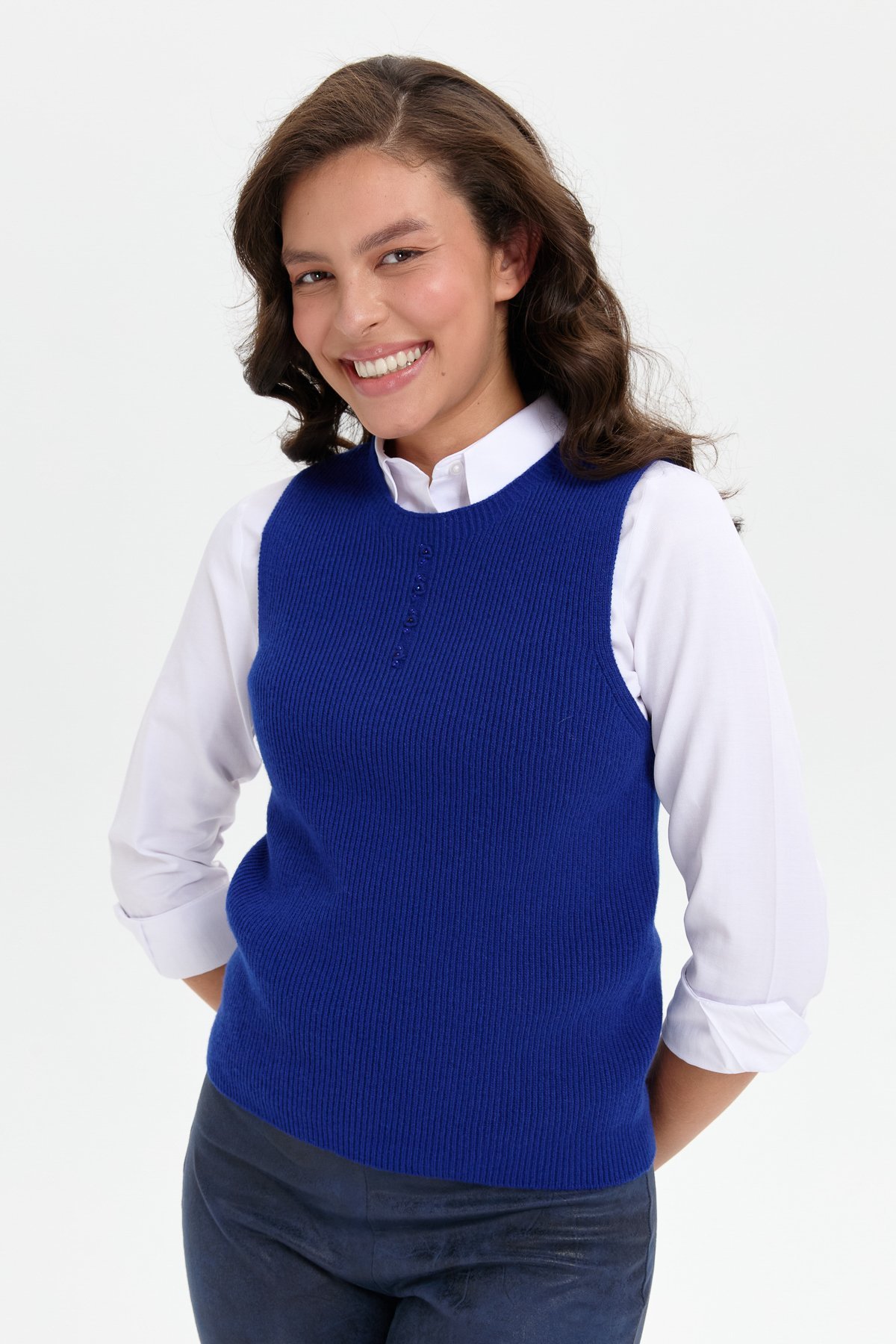 24157Kadın Sıfır Yaka Dikişsiz Önü Düğmeli Yün Süveter K.S.Mavi