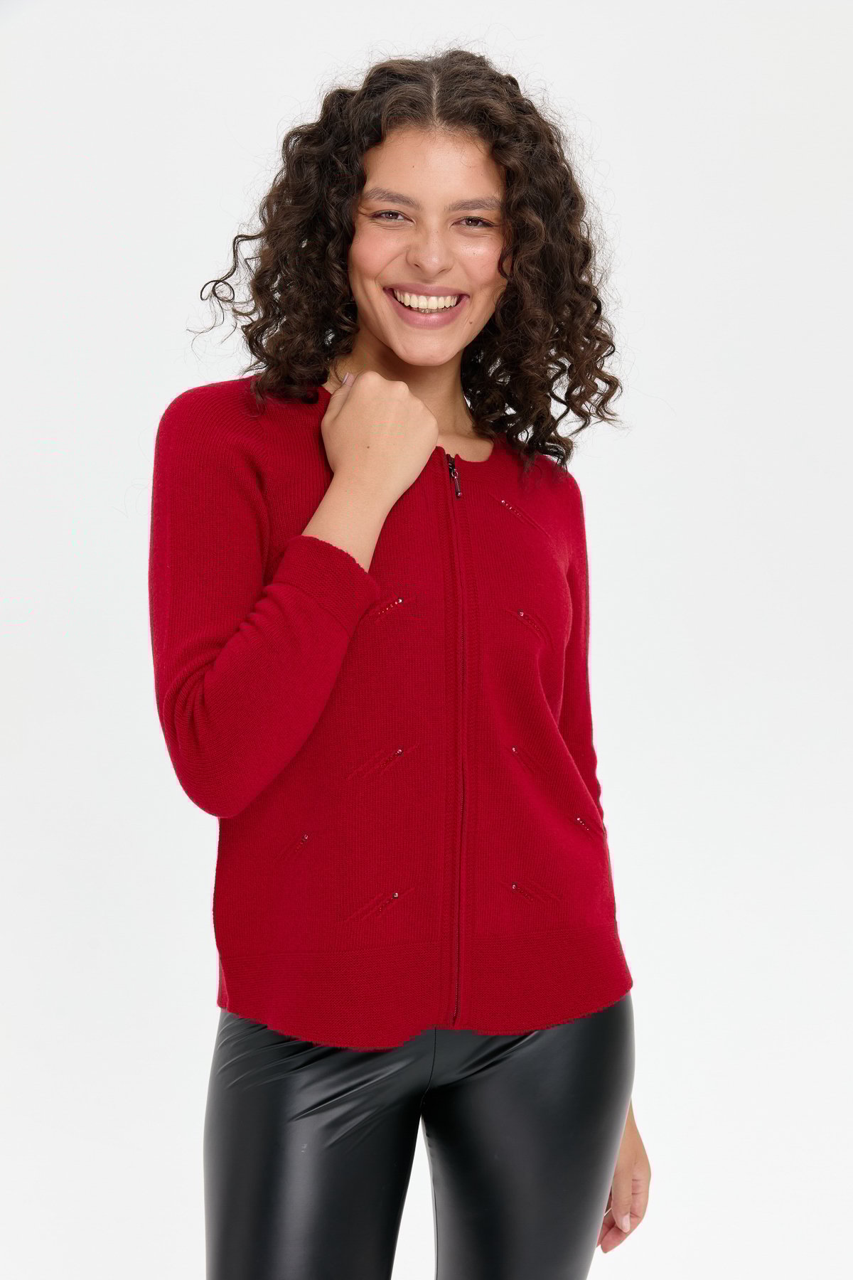 24216Kadın Sıfır Yaka Önü Taşlı Fermuarlı Yün Kazak K.Kırmızı