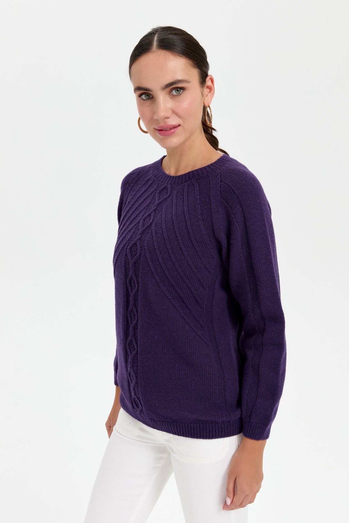 24265Kadın Sıfır Yaka Dkişsiz Önü Yürütmeli Yün Kazak K.Mor