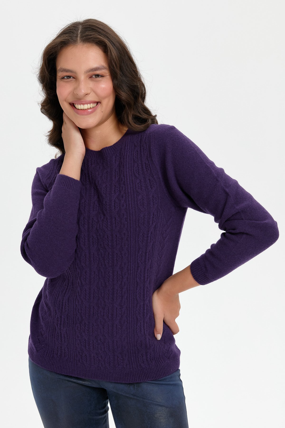 24222Kadın Sıfır Yaka Dikişsiz Önü Yürütmeli Yün Kazak K.Mor