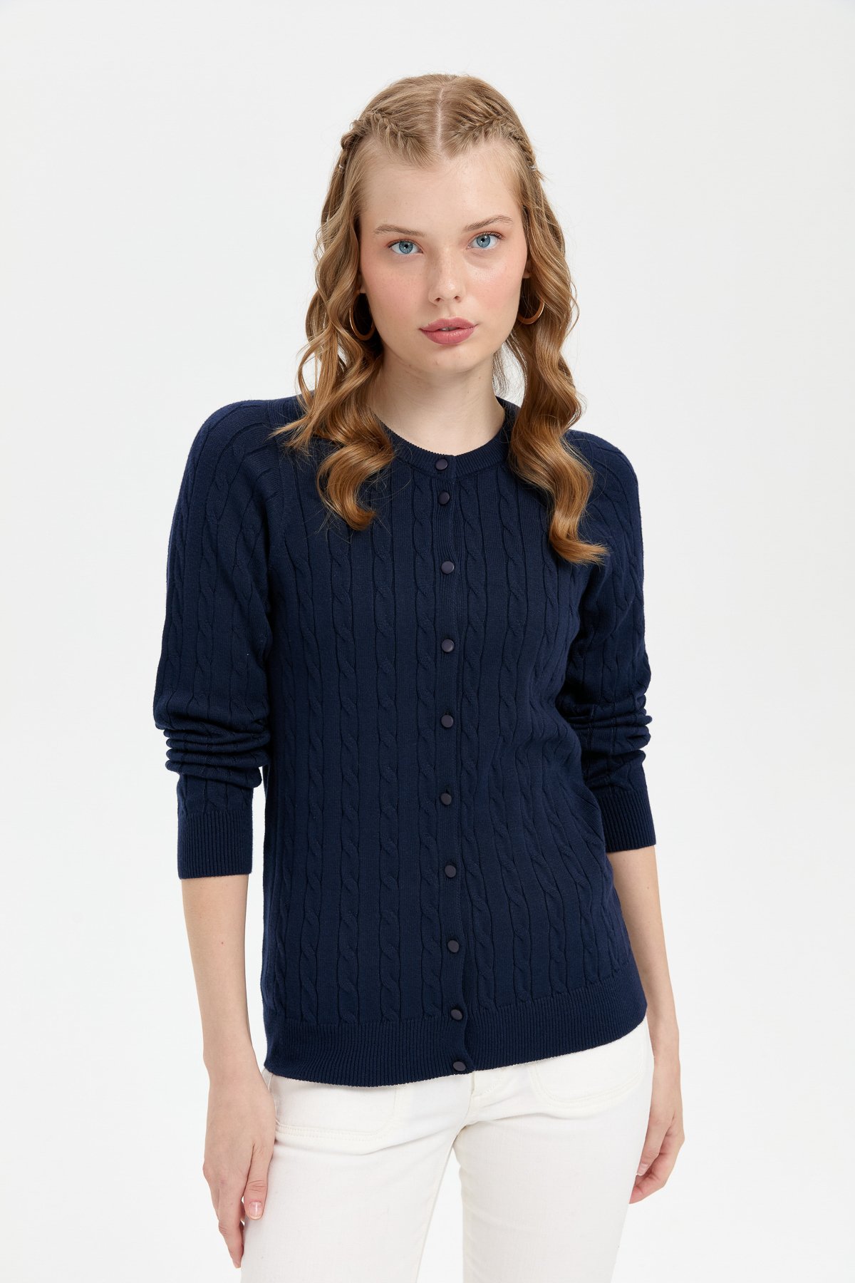 24326Kadın Sıfır Yaka Dikişsiz Saç Örgülü Hırka K.Lacivert