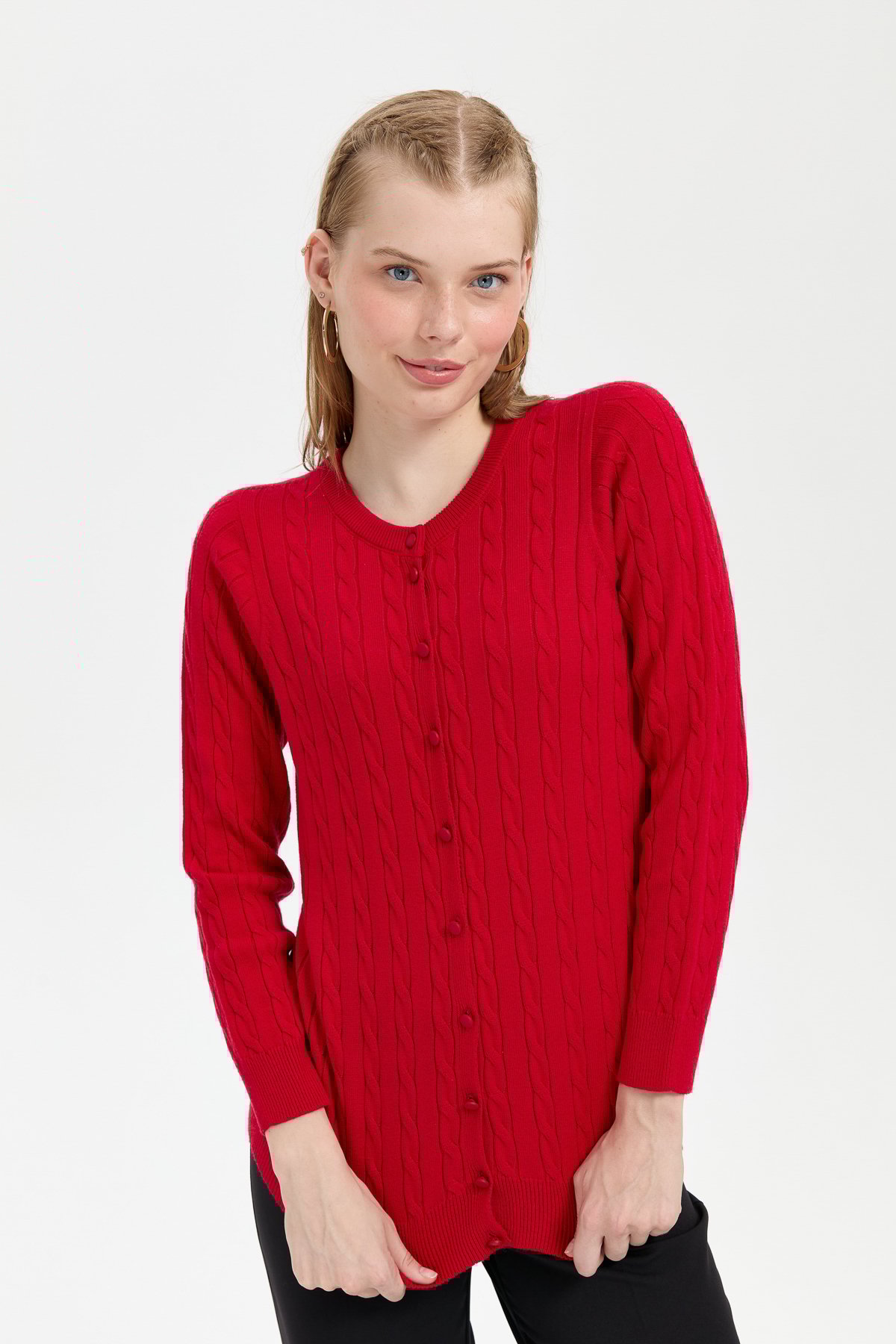 24326Kadın Sıfır Yaka Dikişsiz Saç Örgülü Hırka K.Kırmızı