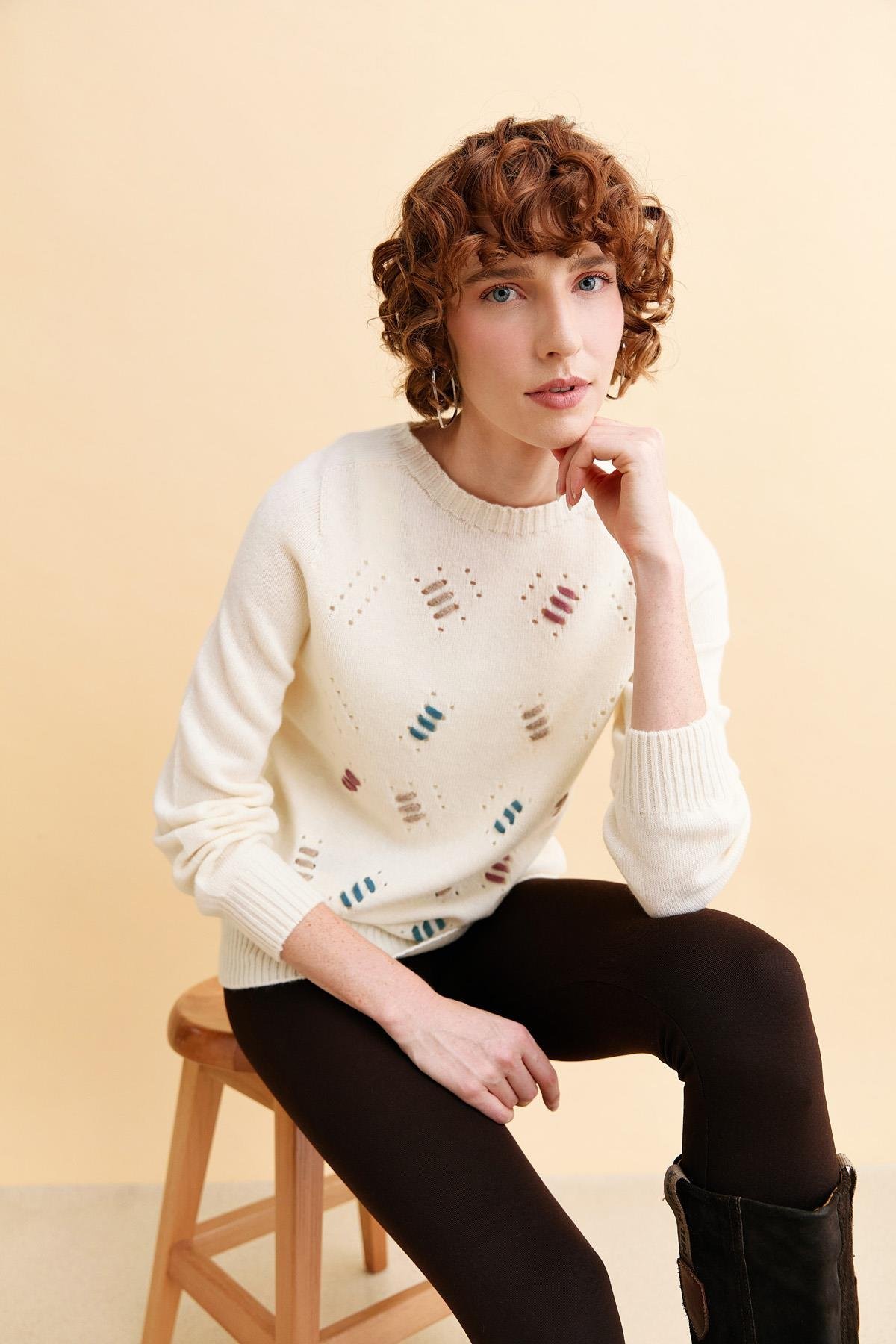 Kadın Sıfır Yaka Dikişsiz Yün Kazak Kemik