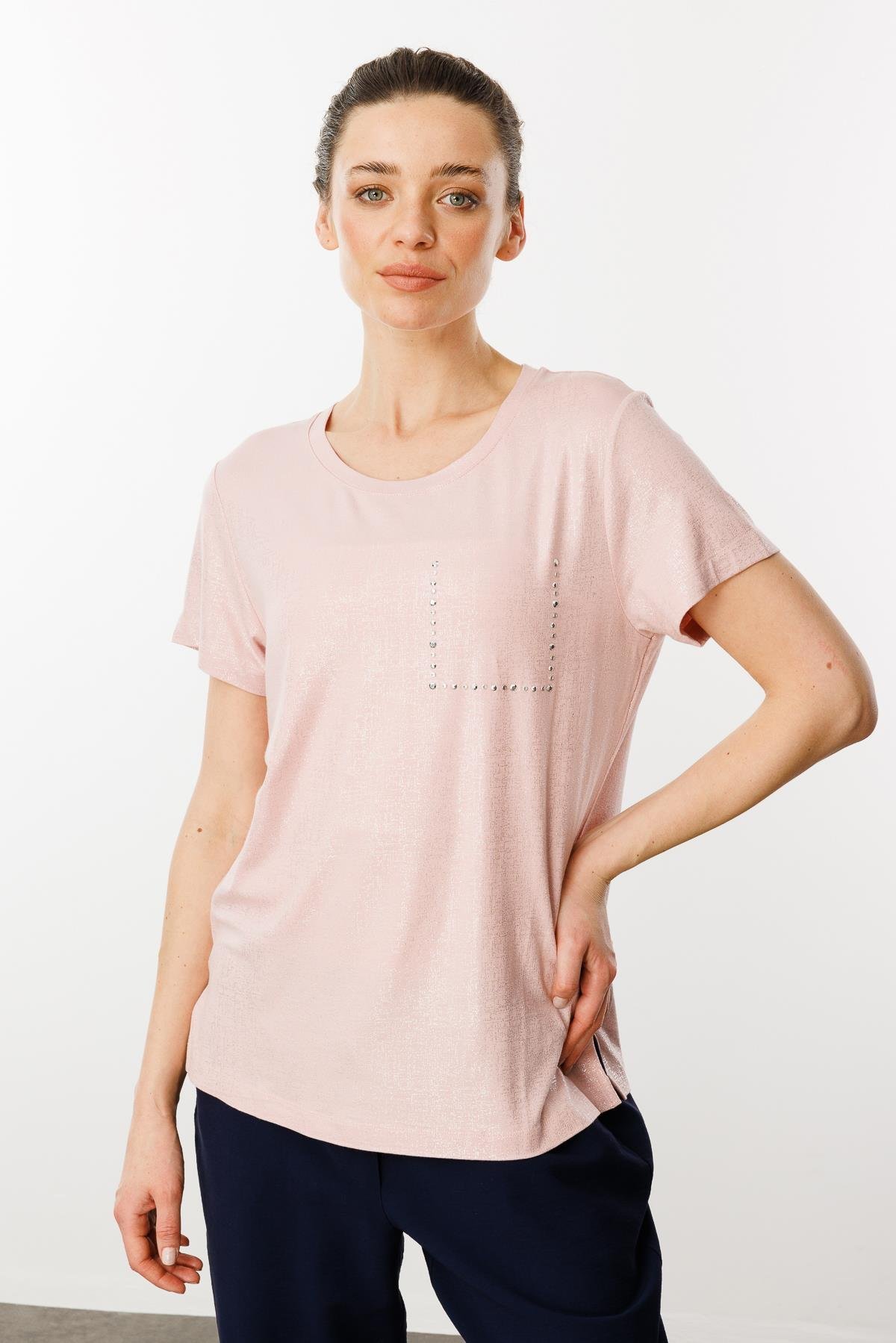 25856Kadın Sıfır Yaka Düşük Kollu Bluz Pudra