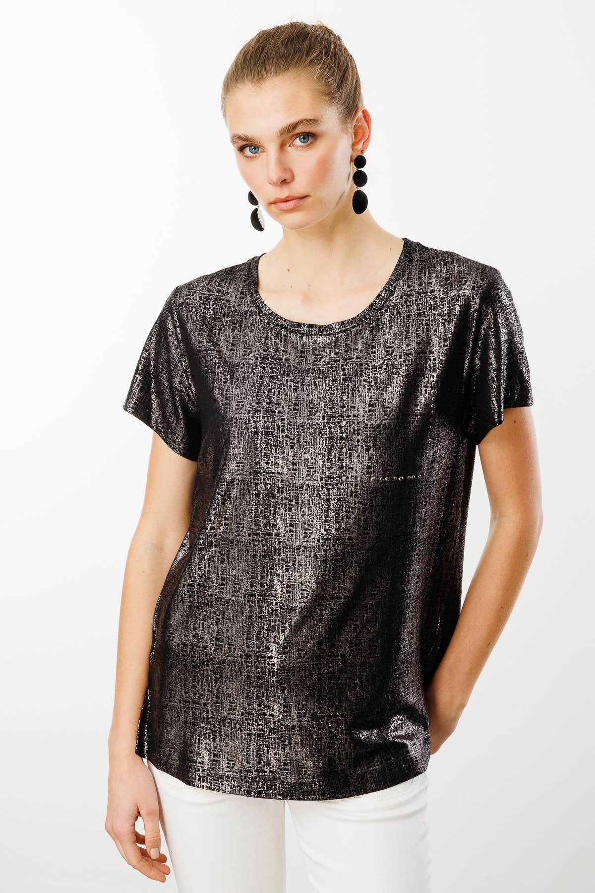 25856Kadın Sıfır Yaka Düşük Kollu Bluz Siyah