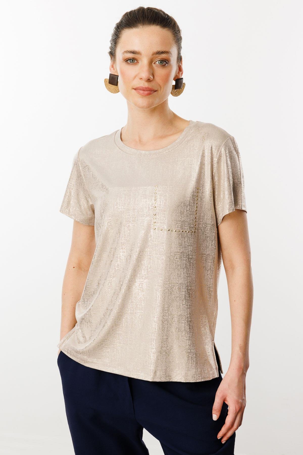 25856Kadın Sıfır Yaka Düşük Kollu Bluz Vizon