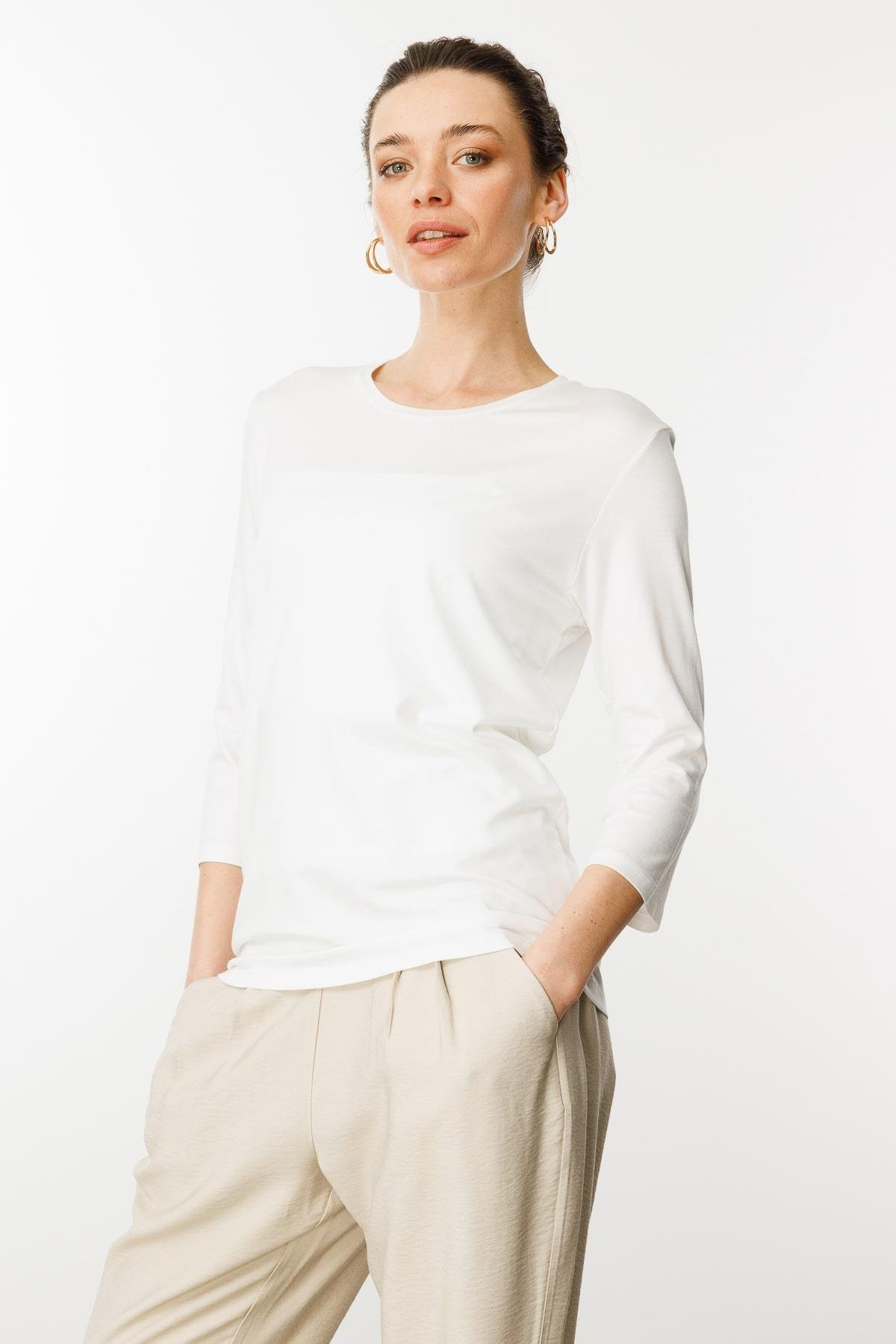 23790Kadın Sıfır Yaka Düz Penye Bluz Ekru