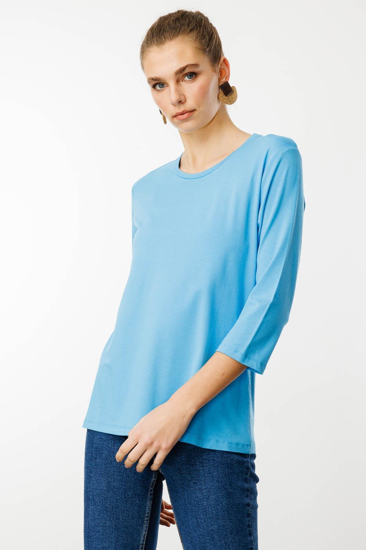 23790Kadın Sıfır Yaka Düz Penye Bluz Mavi