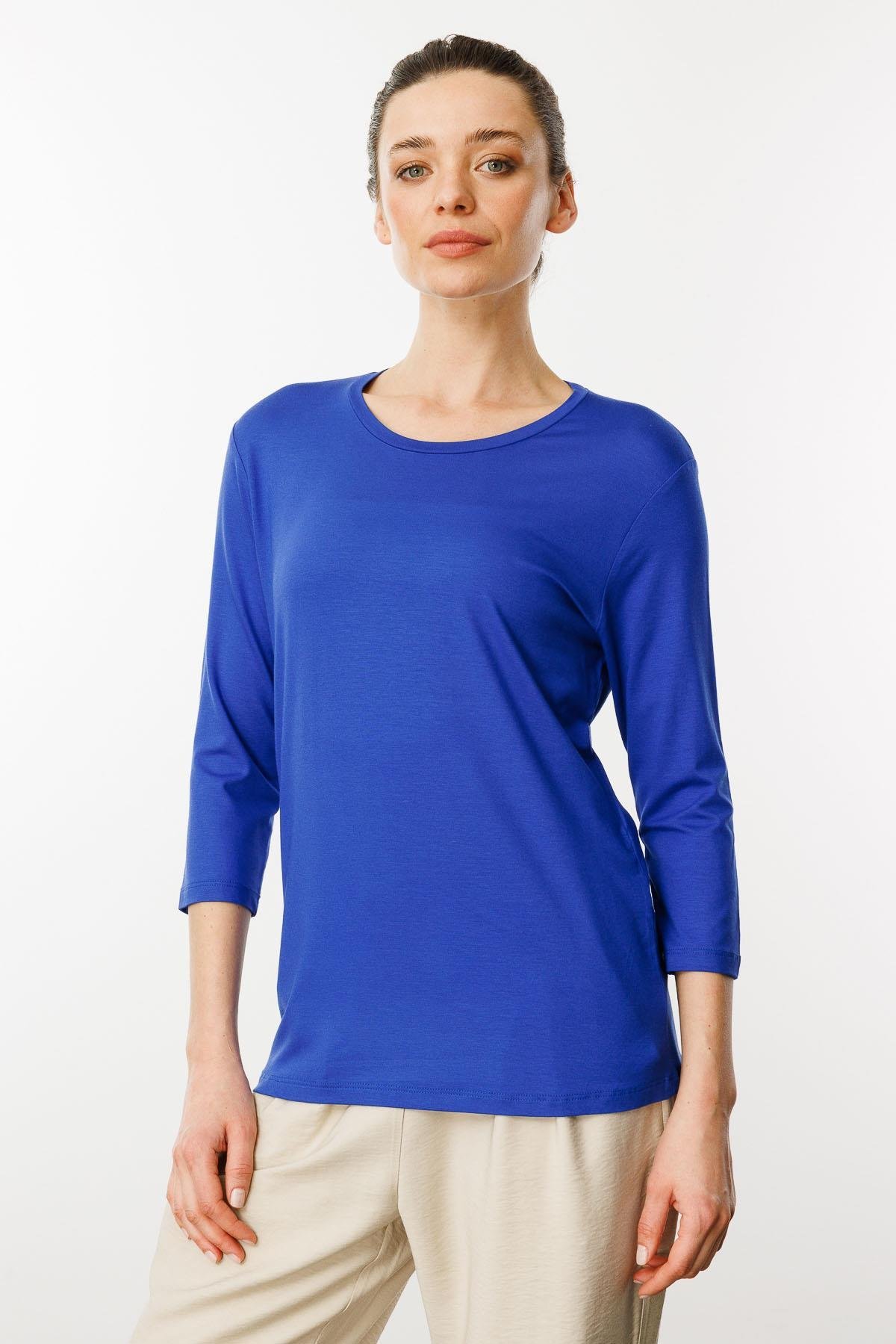 23790Kadın Sıfır Yaka Düz Penye Bluz Saks