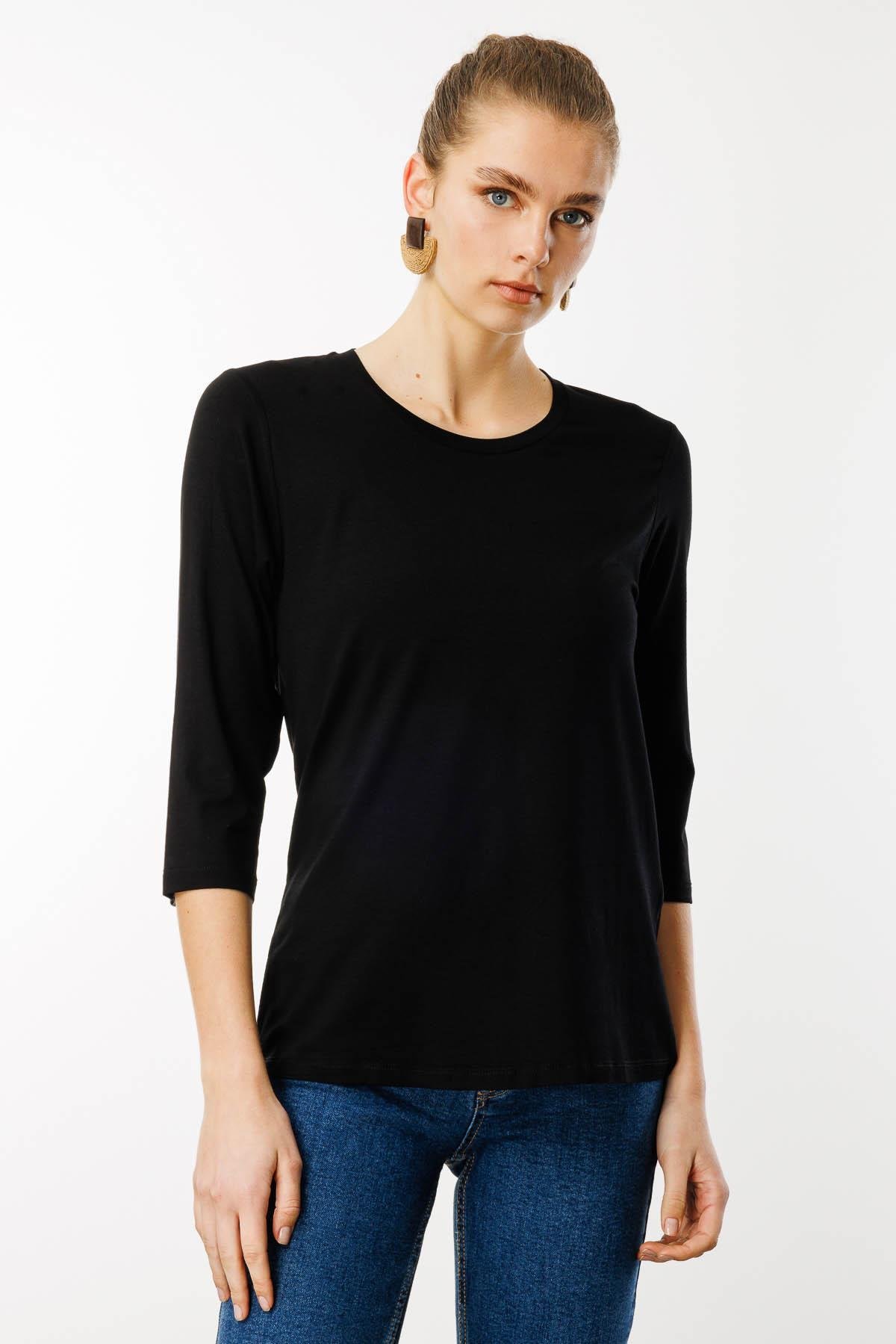 23790Kadın Sıfır Yaka Düz Penye Bluz Siyah