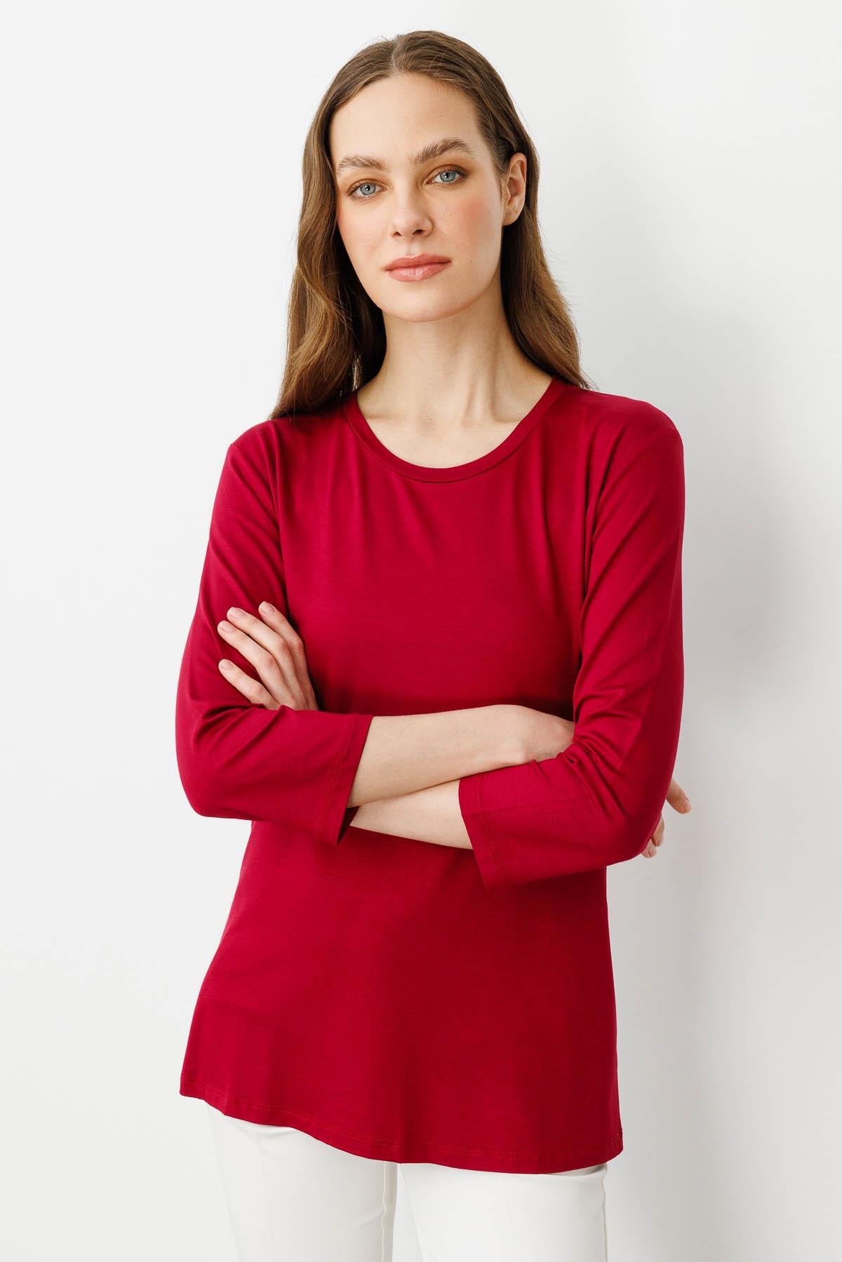 23790Kadın Sıfır Yaka Düz Penye Bluz Vişne