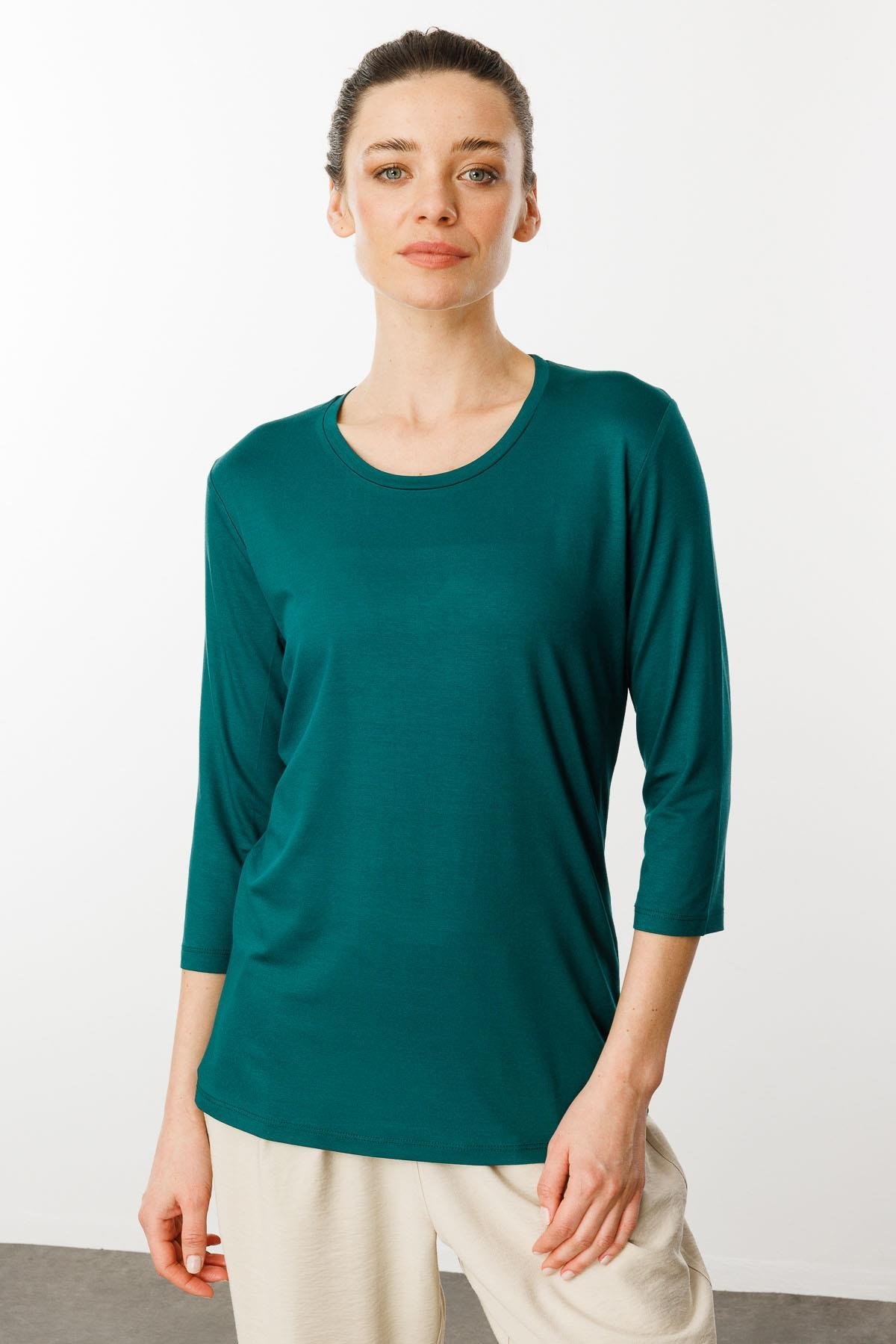 23790Kadın Sıfır Yaka Düz Penye Bluz Yeşil