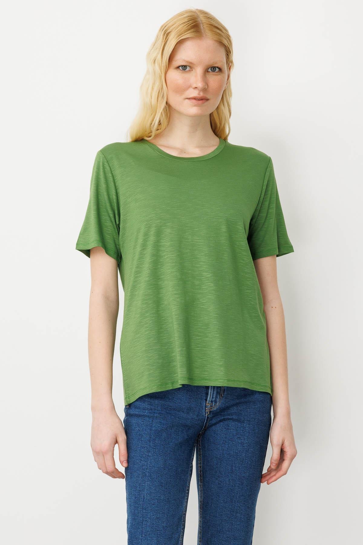 KMY24084Kadın Sıfır Yaka Flamlı Kumaş Penye Tshirt A.Yeşil