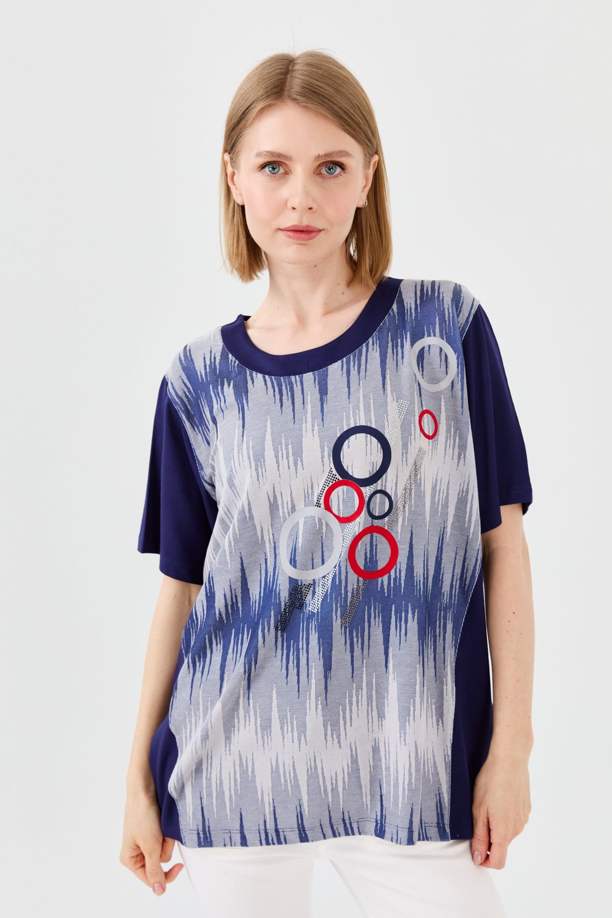 23758Kadın Sıfır Yaka Halka Desenli Penye T-shirt Lacivert