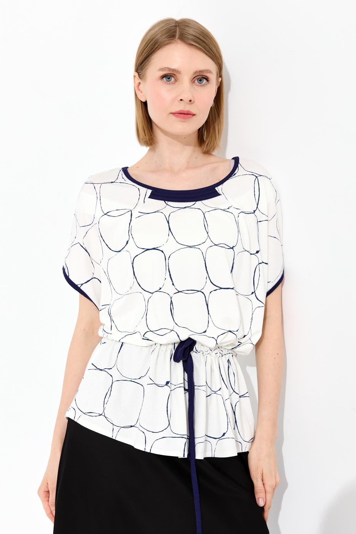 23719Kadın Sıfır Yaka İki Renk Penye T-shirt Ekru/Laci