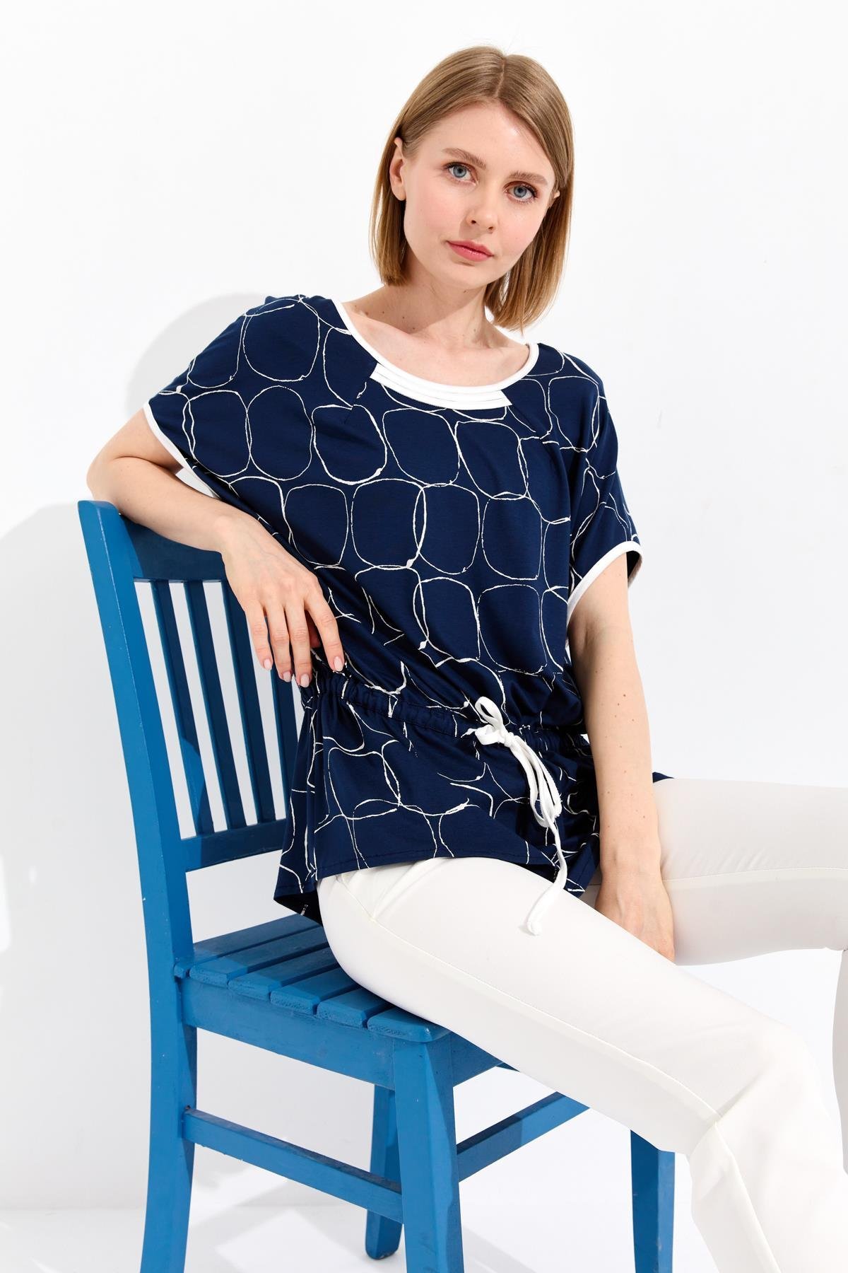 23719Kadın Sıfır Yaka İki Renk Penye T-shirt Laci/Ekru