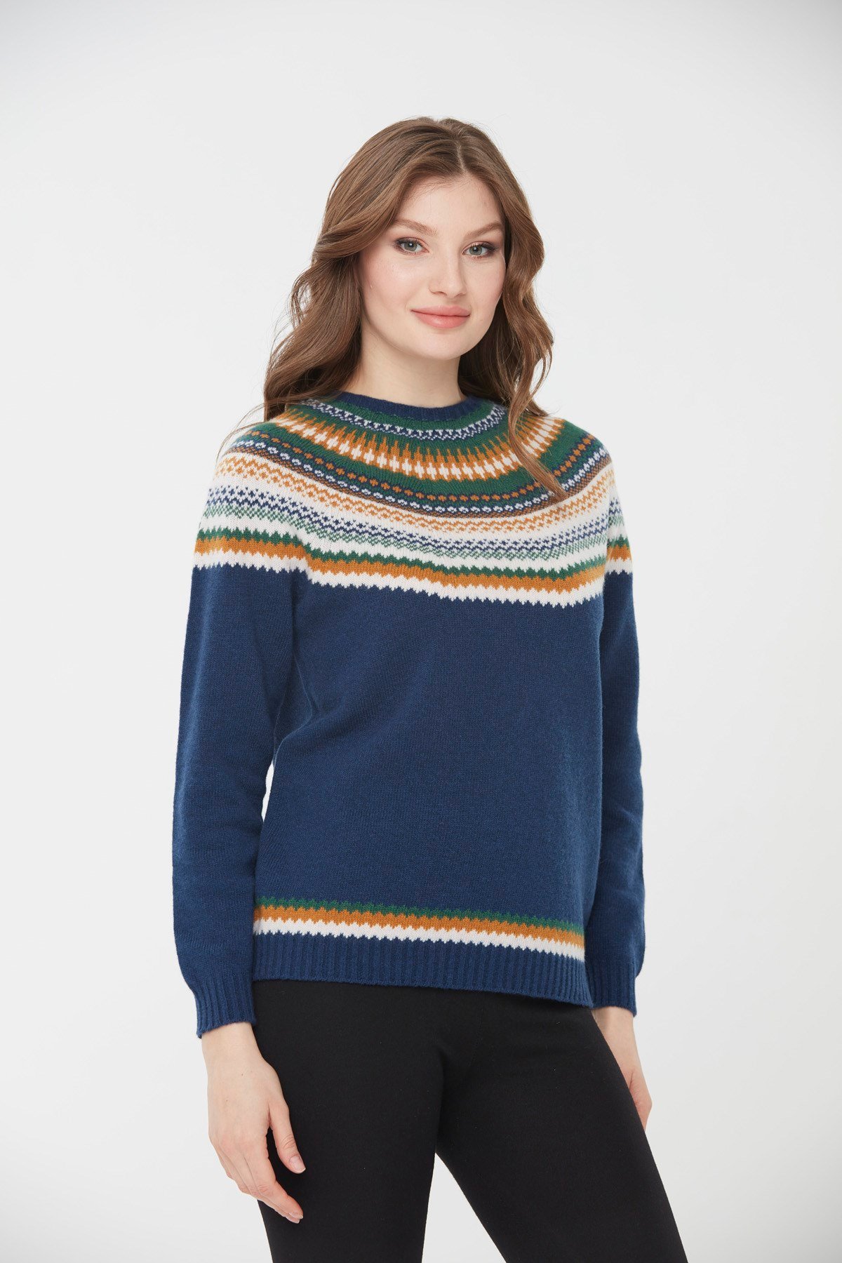 Женский шерстяной свитер с круглым вырезом и отделкой, индиго