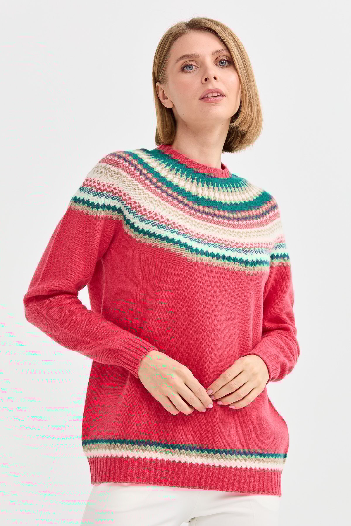 22086Kadın Sıfır Yaka Jakarlı Yün Kazak Y.Ş.Pembe